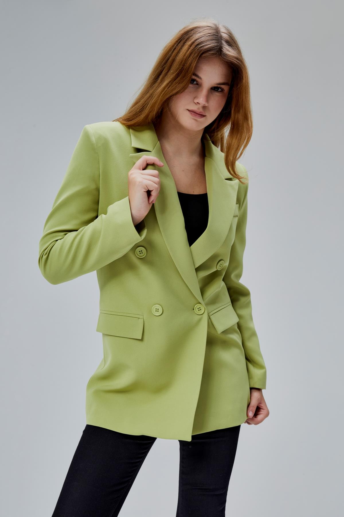 Açık Haki Regular Astarlı Kruvaze Kapama Dokuma Oversize Blazer Ceket