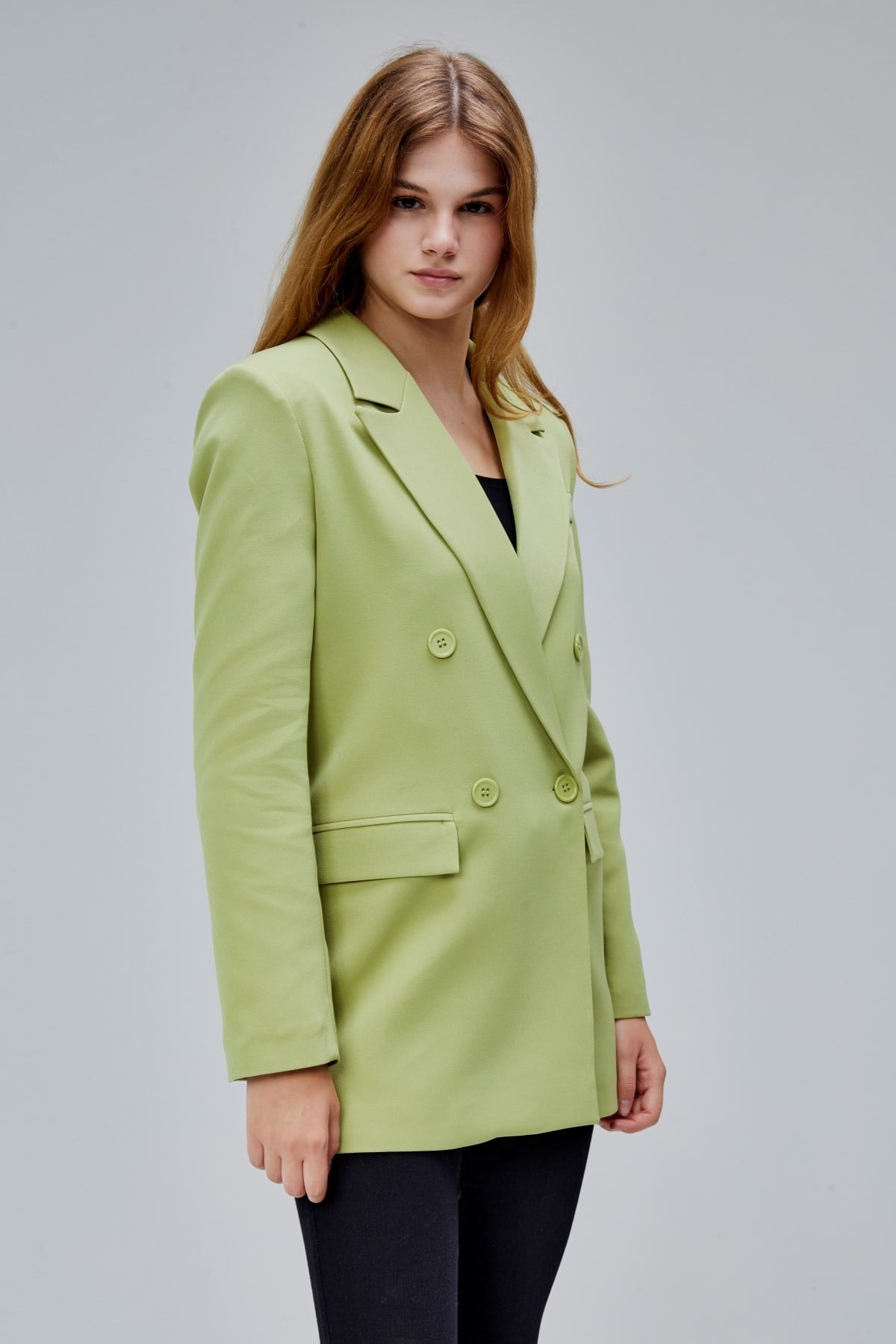 Açık Haki Regular Astarlı Kruvaze Kapama Dokuma Oversize Blazer Ceket