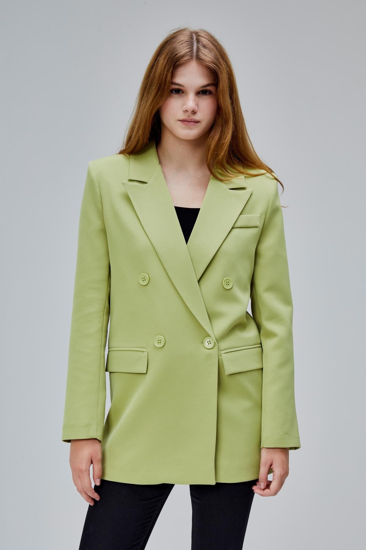 Açık Haki Regular Astarlı Kruvaze Kapama Dokuma Oversize Blazer Ceket