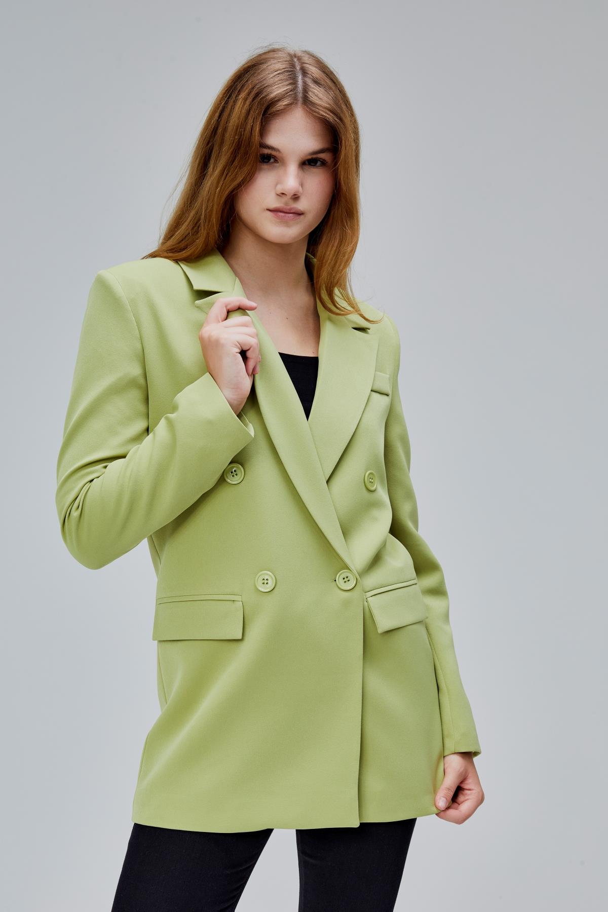 Açık Haki Regular Astarlı Kruvaze Kapama Dokuma Oversize Blazer Ceket