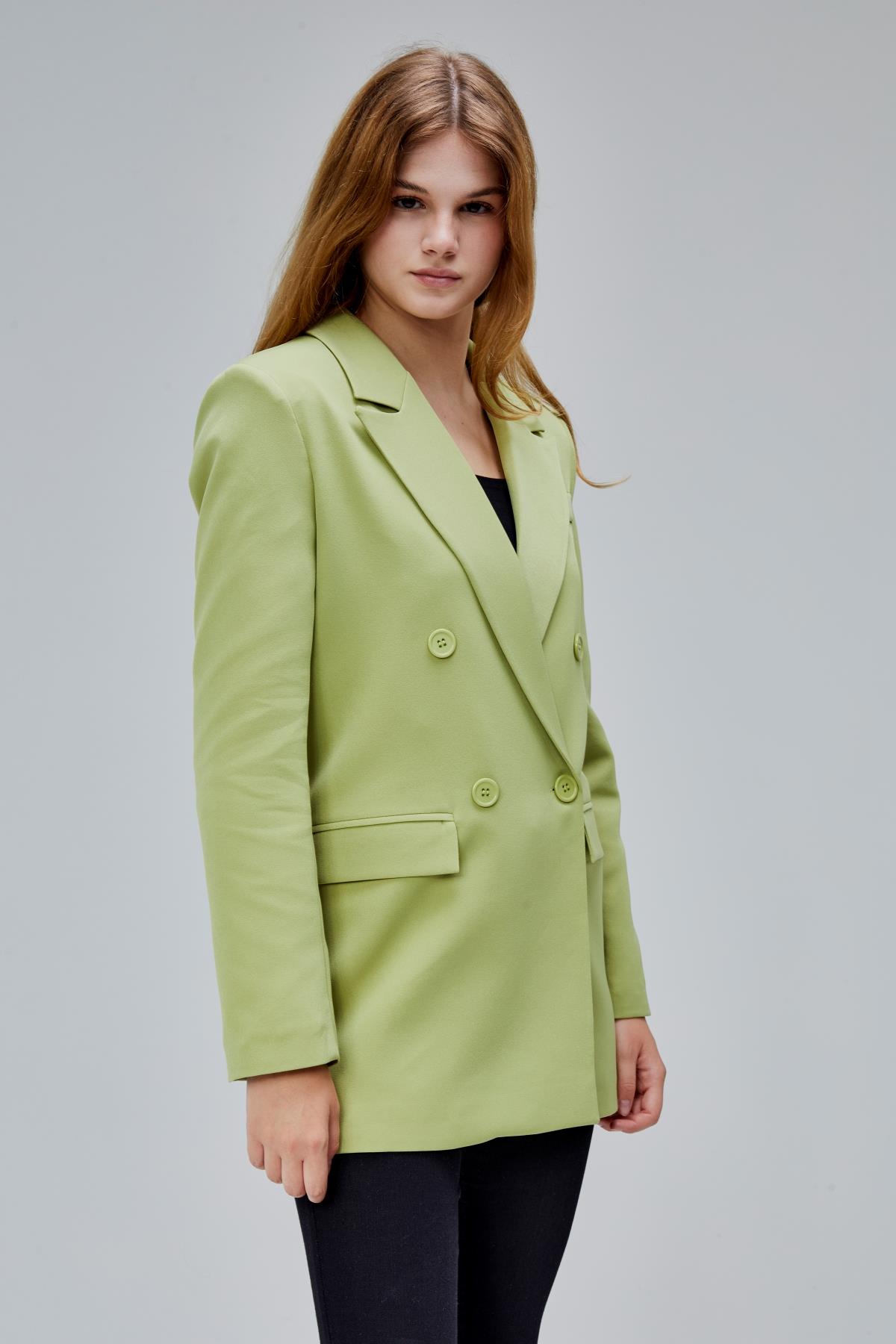 Açık Haki Regular Astarlı Kruvaze Kapama Dokuma Oversize Blazer Ceket