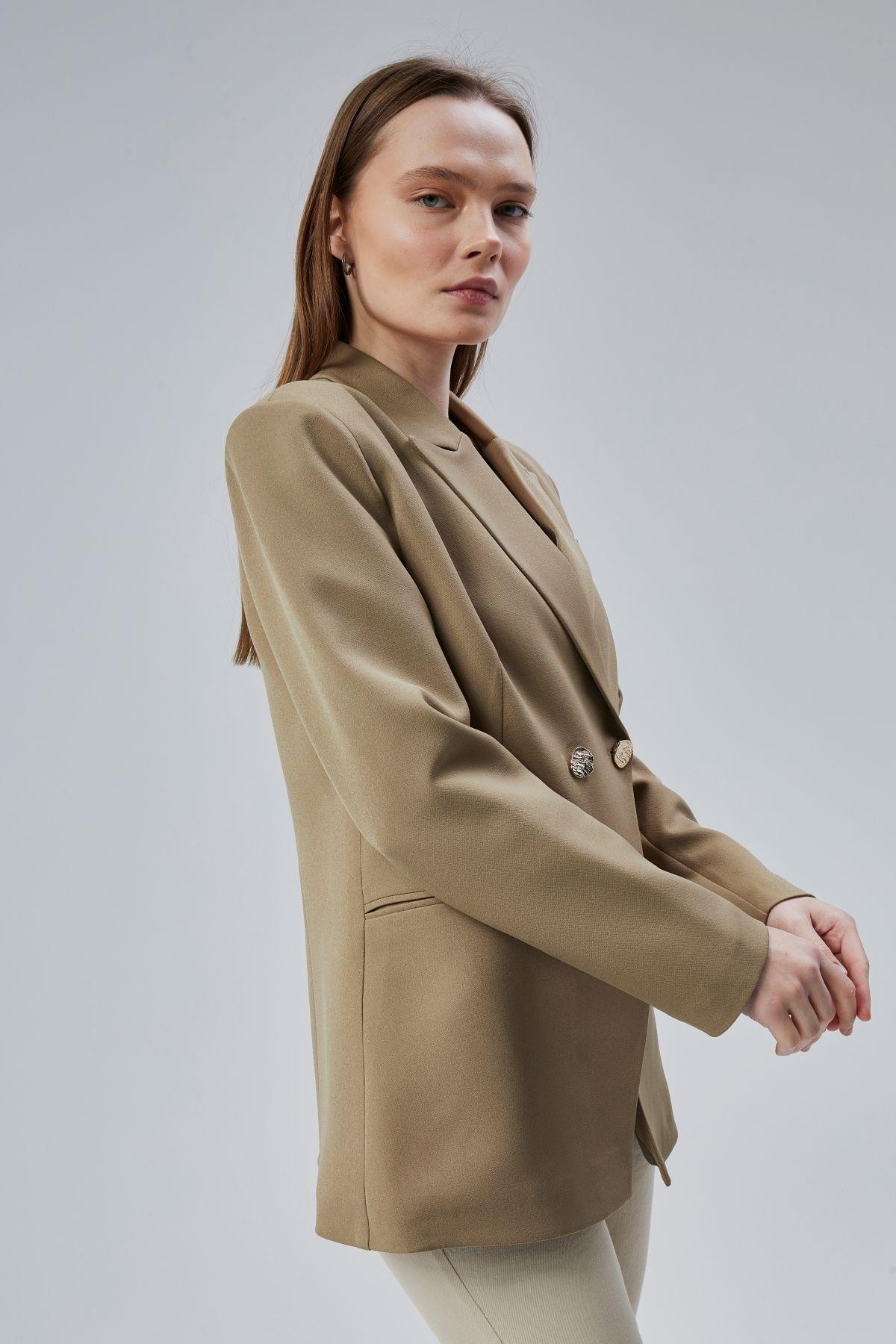 Açık Haki Regular Fit Yırtmaç Detaylı Blazer Ceket