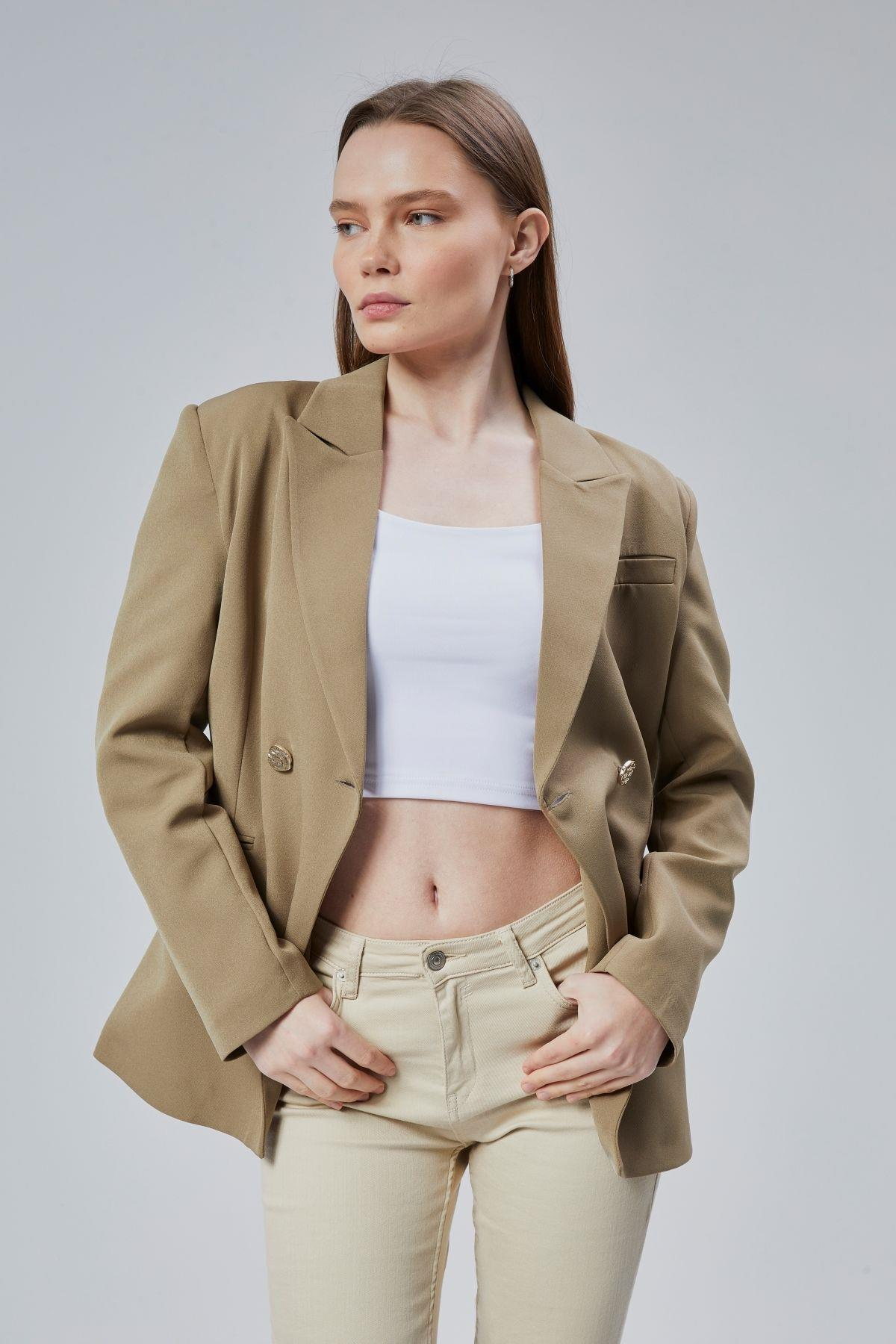 Açık Haki Regular Fit Yırtmaç Detaylı Blazer Ceket