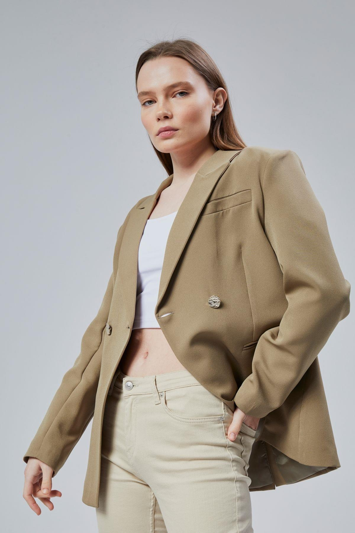 Açık Haki Regular Fit Yırtmaç Detaylı Blazer Ceket