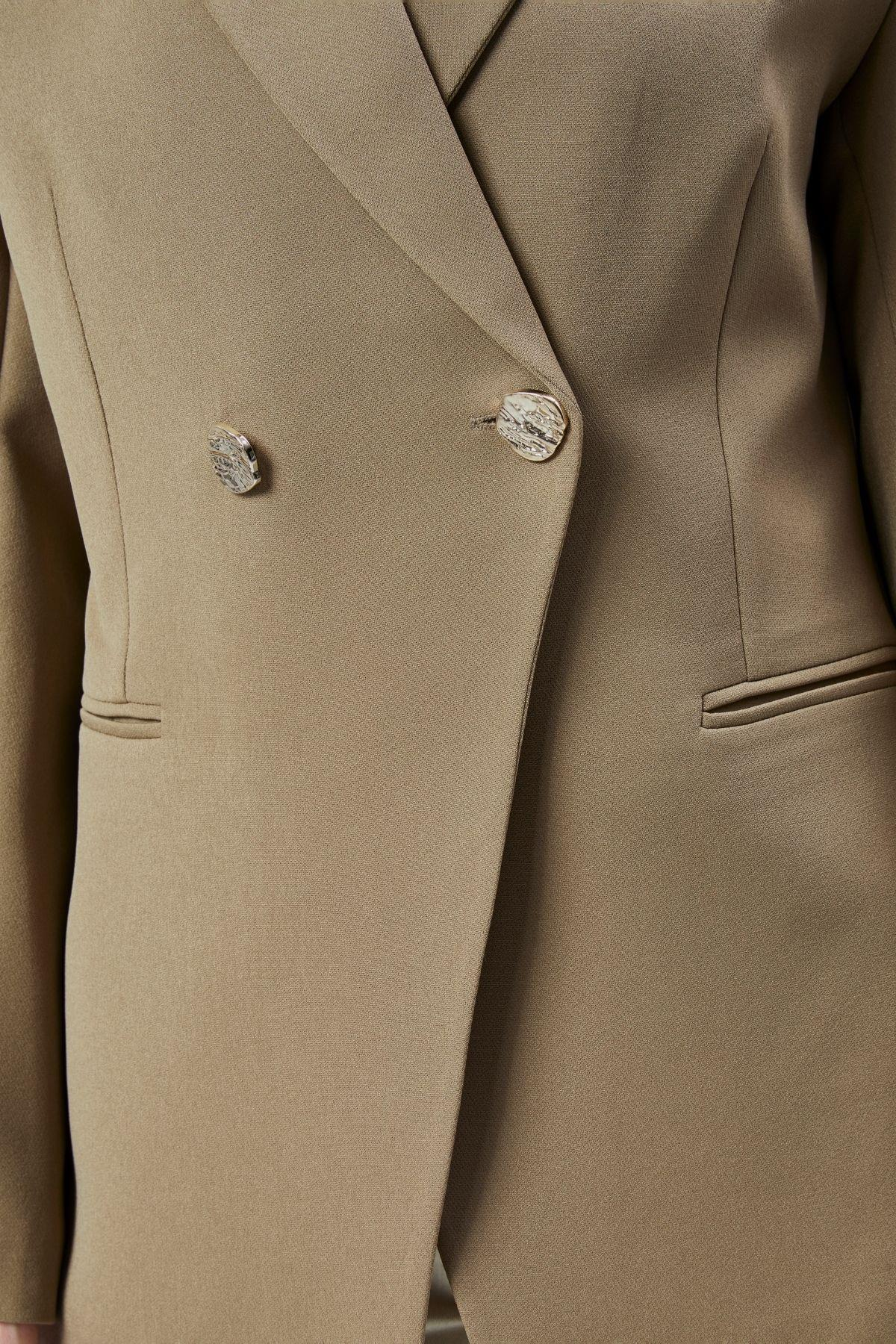 Açık Haki Regular Fit Yırtmaç Detaylı Blazer Ceket