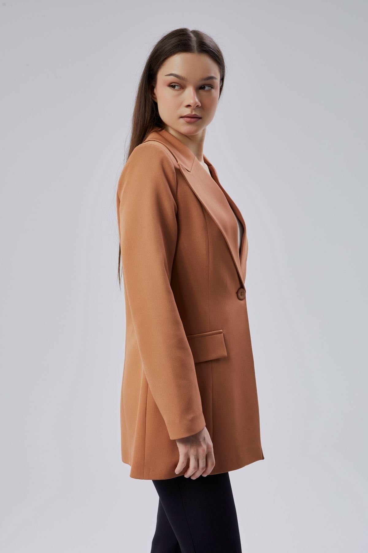 Açık Kahverengi Kruvaze Uzun Blazer Ceket