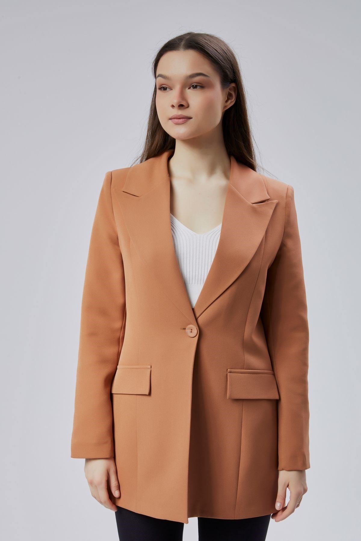Açık Kahverengi Kruvaze Uzun Blazer Ceket