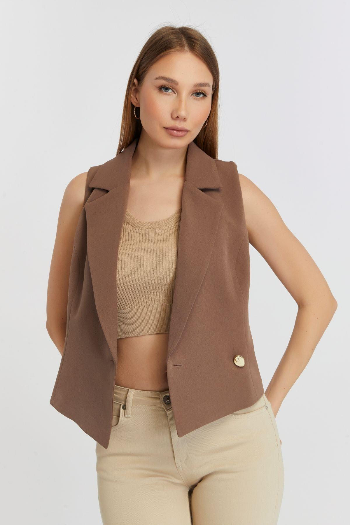 Açık Kahverengi Regular Fit Astarlı Dokuma Yelek