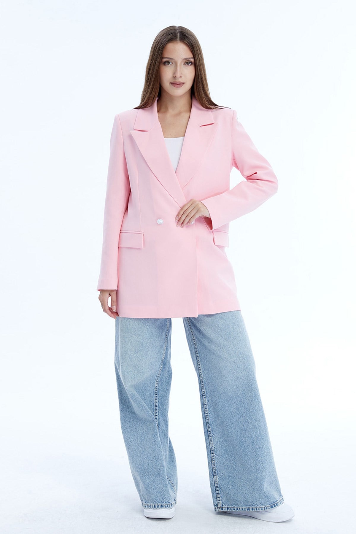 Açık Pembe Oversize Dokuma Blazer Ceket