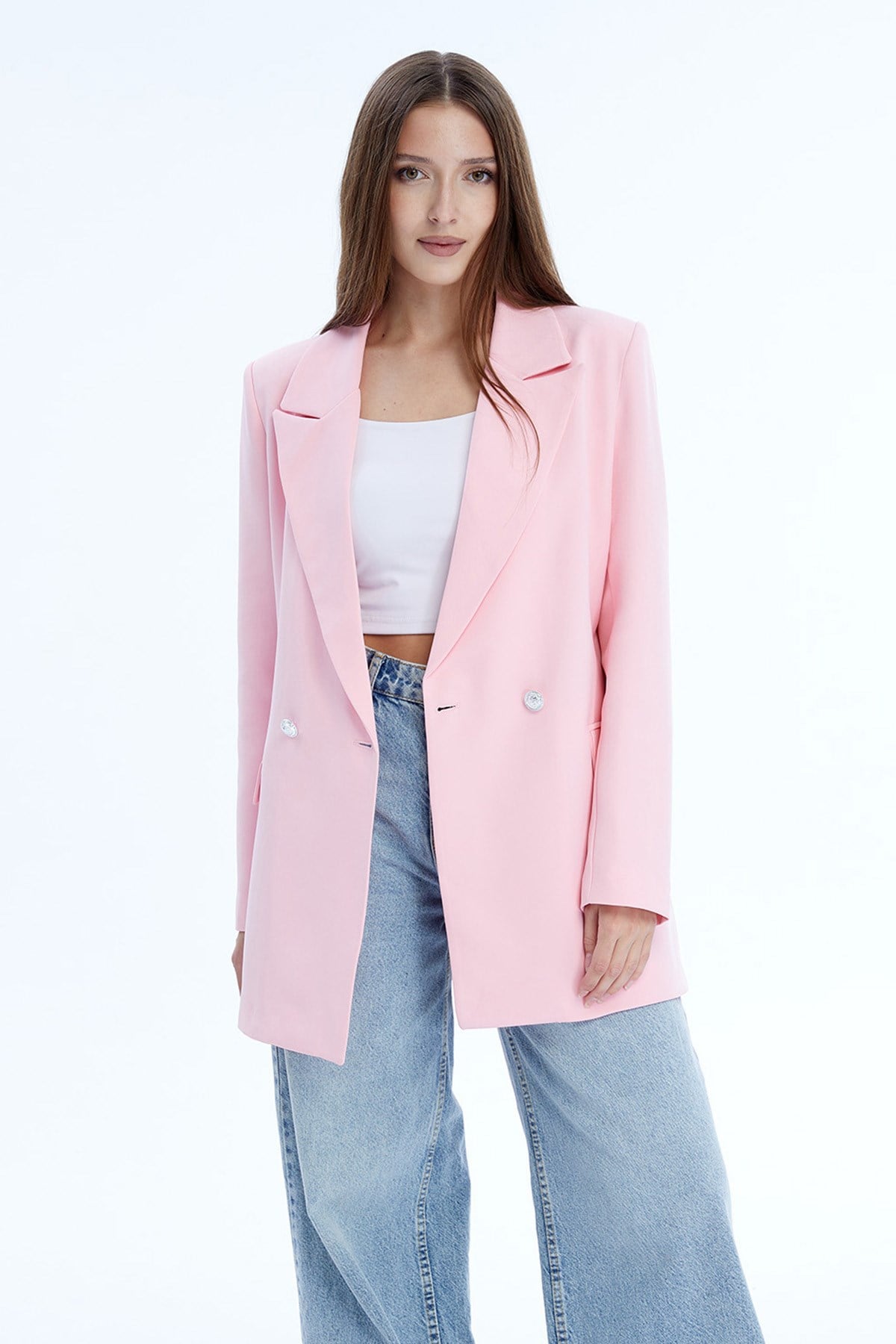 Açık Pembe Oversize Dokuma Blazer Ceket