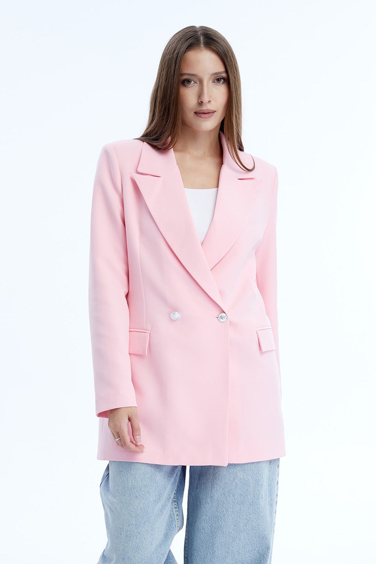 Açık Pembe Oversize Dokuma Blazer Ceket