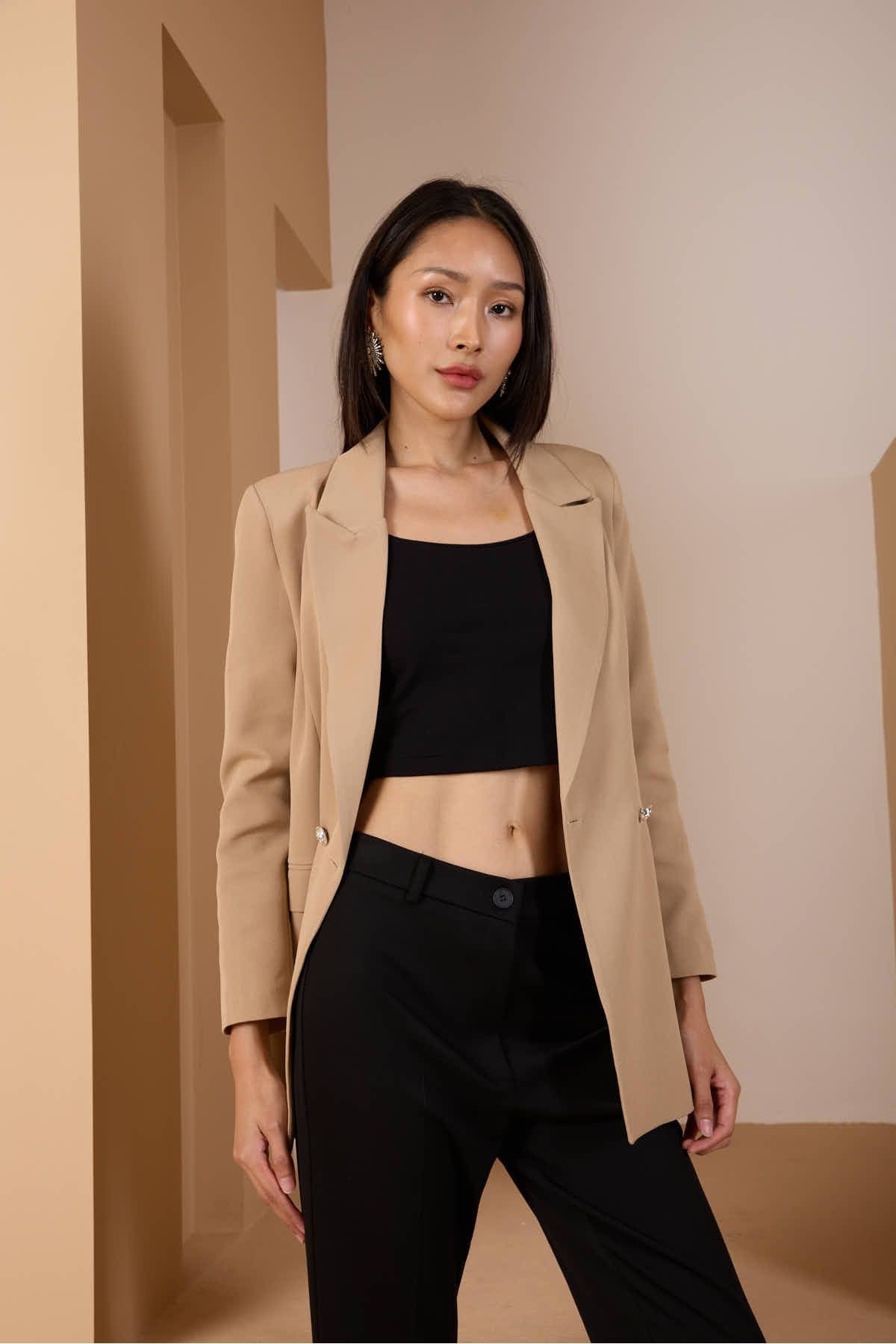 Açık Vizon Oversize Dokuma Blazer Ceket