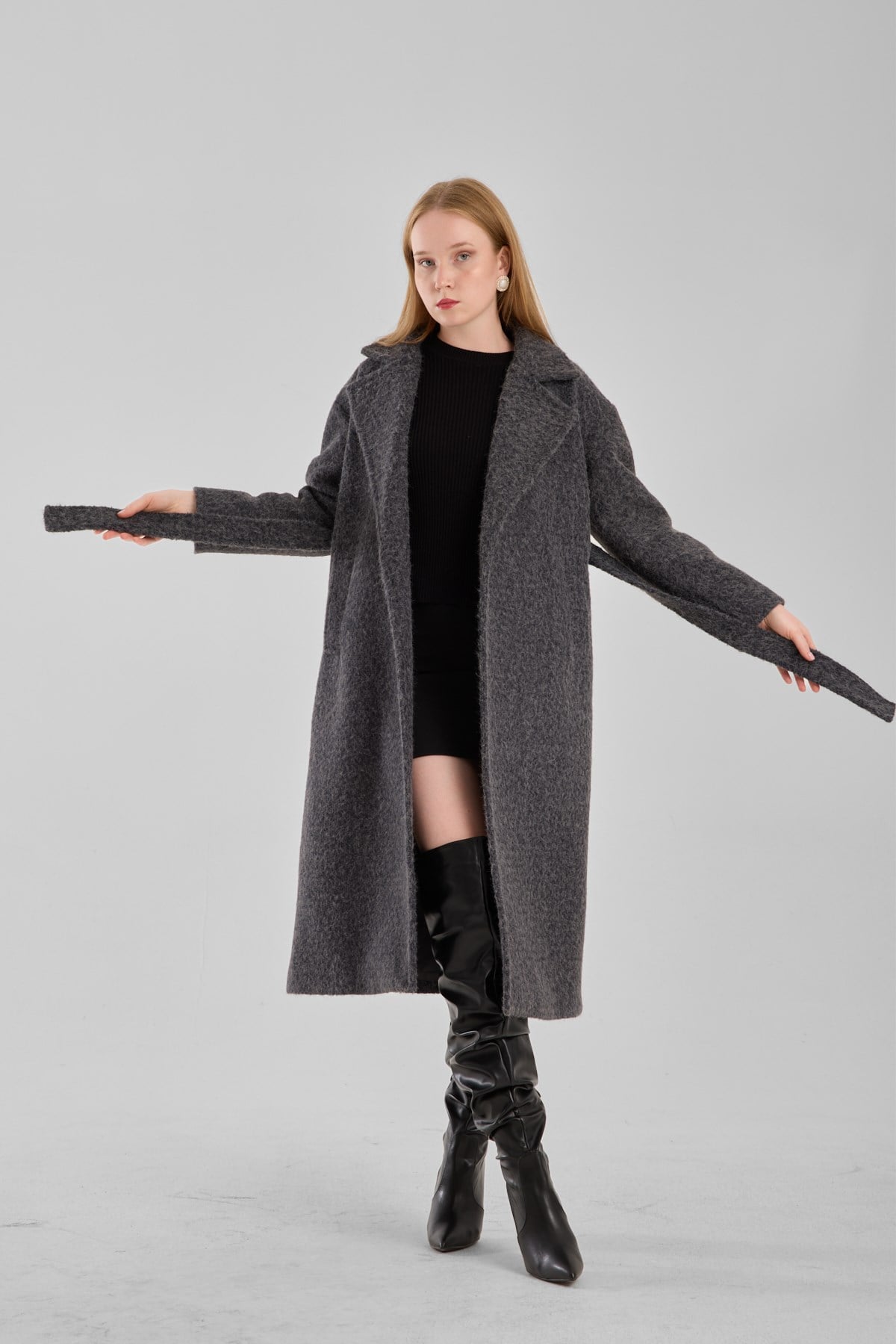 Antrasit Buklet Kaşe Oversize Kaban