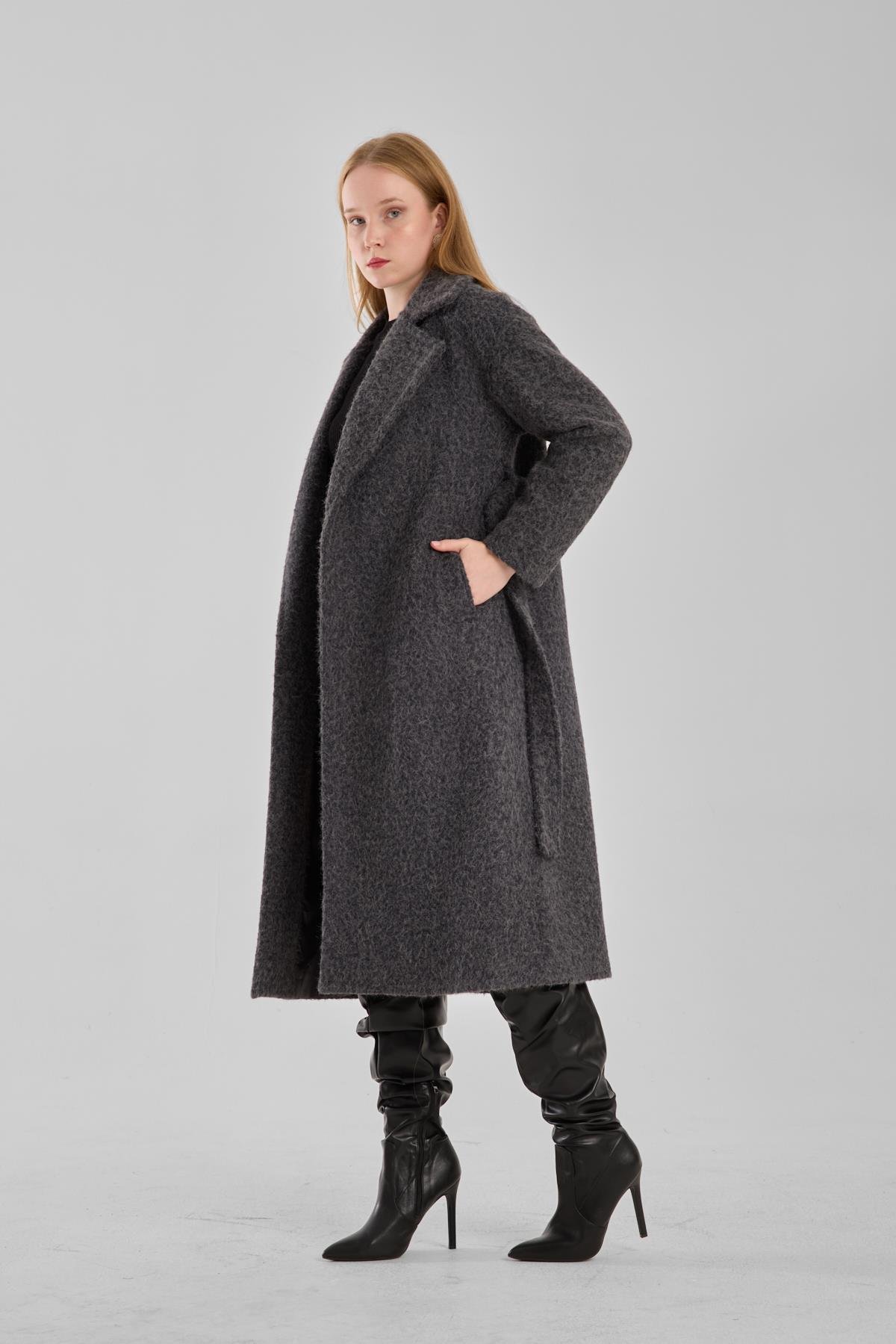 Antrasit Buklet Kaşe Oversize Kaban