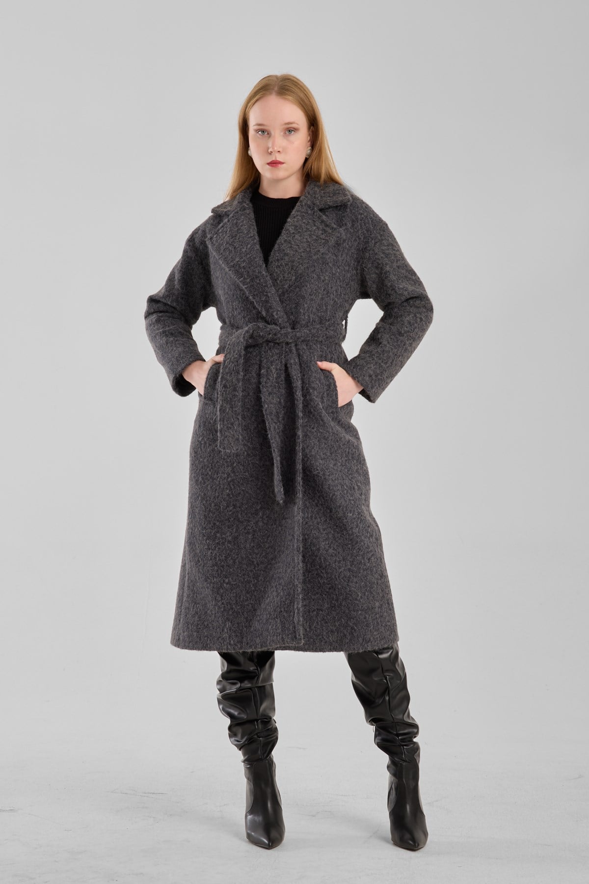 Antrasit Buklet Kaşe Oversize Kaban