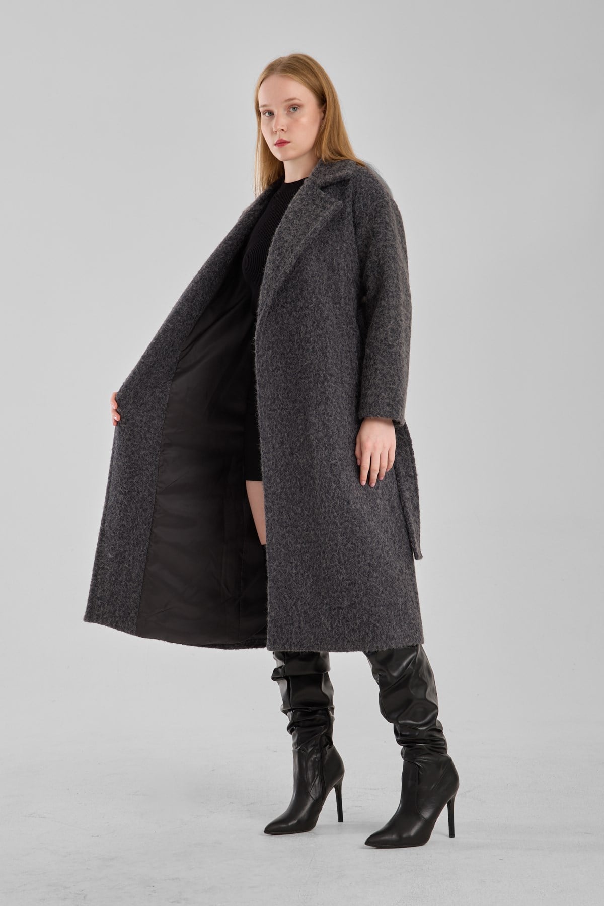 Antrasit Buklet Kaşe Oversize Kaban