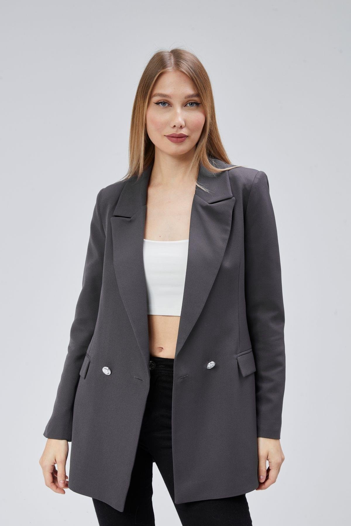 Antrasit Oversize Dokuma Blazer Ceket