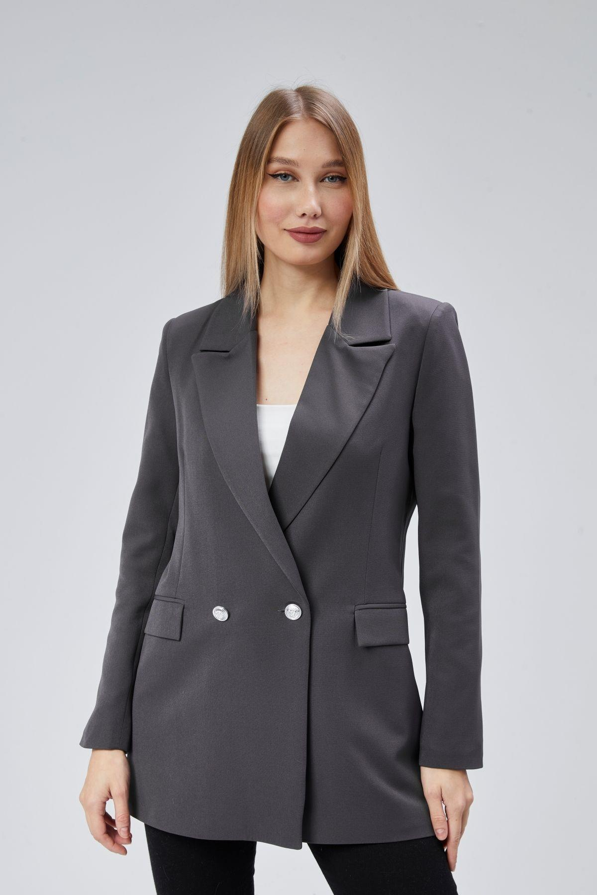 Antrasit Oversize Dokuma Blazer Ceket
