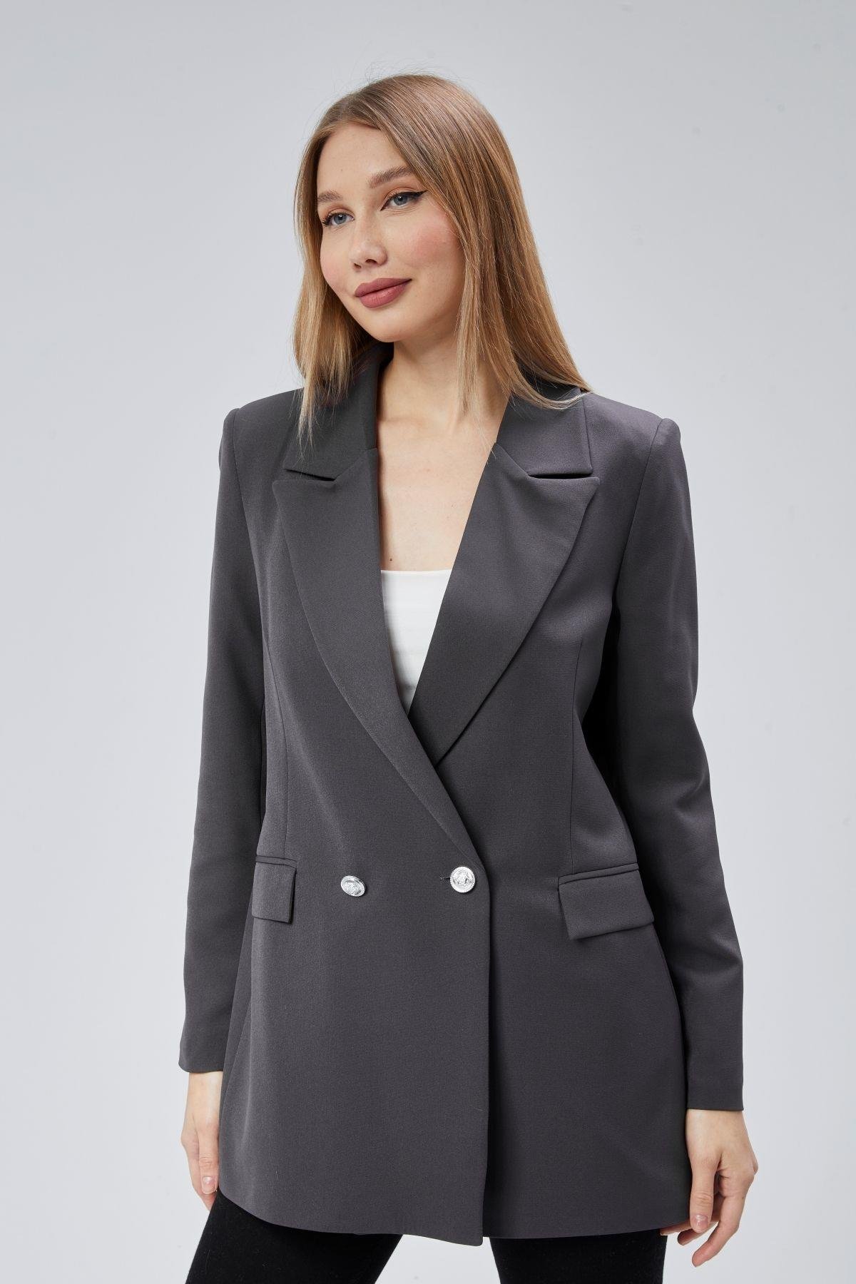 Antrasit Oversize Dokuma Blazer Ceket