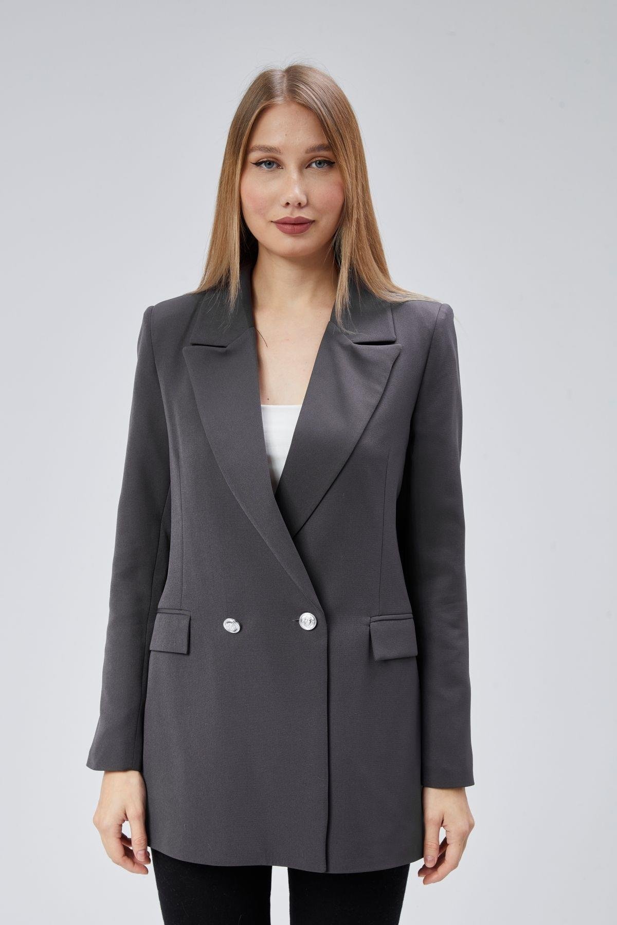 Antrasit Oversize Dokuma Blazer Ceket