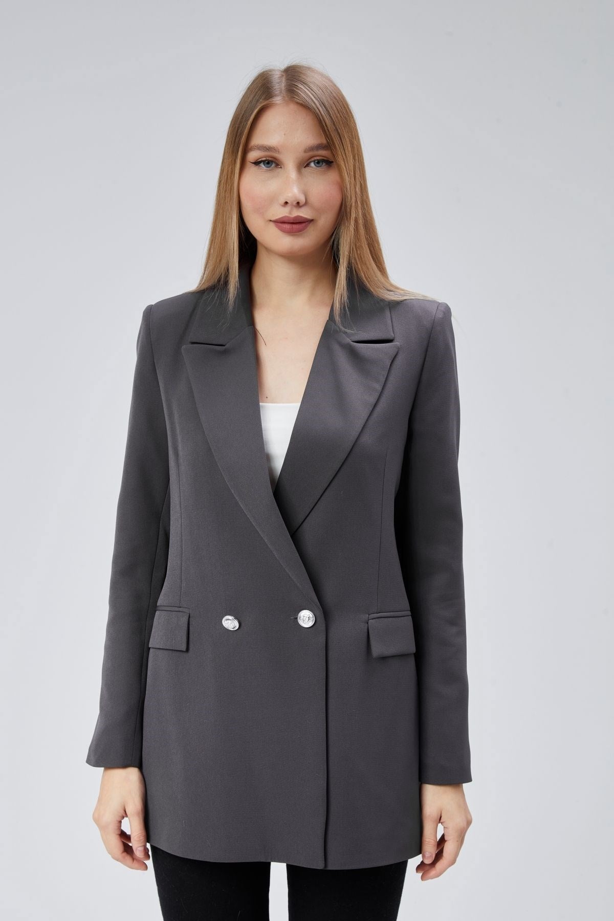 Antrasit Oversize Dokuma Blazer Ceket