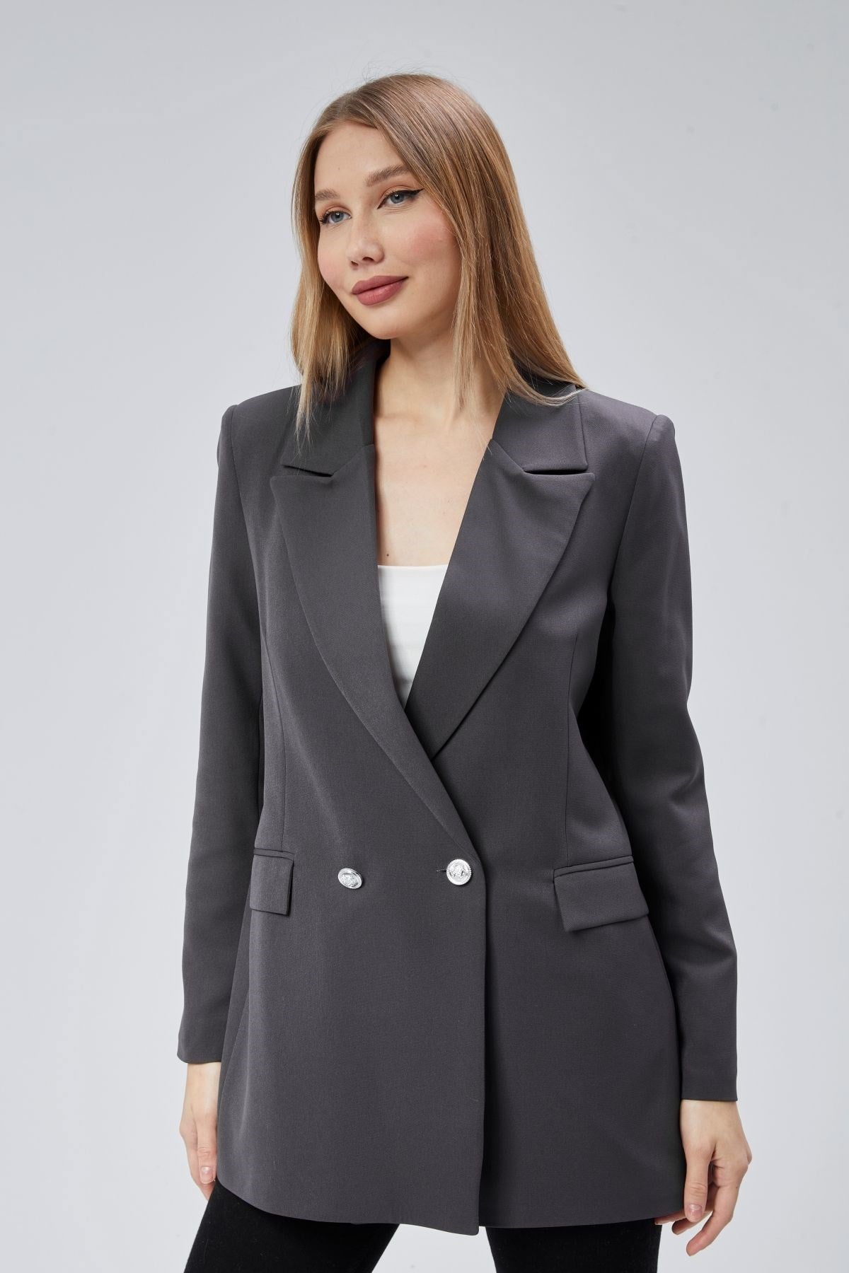 Antrasit Oversize Dokuma Blazer Ceket