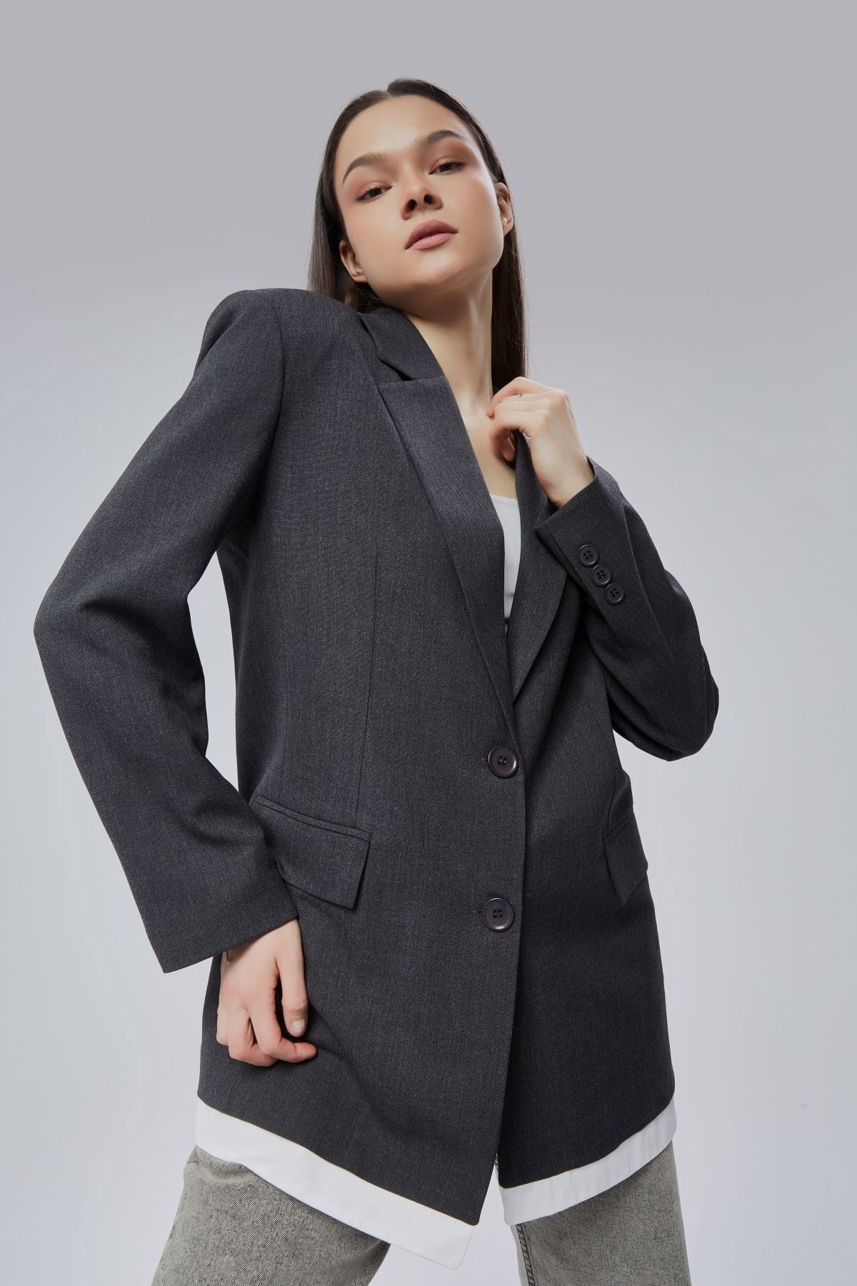 Antrasit Oversize Uzun Blazer Ceket