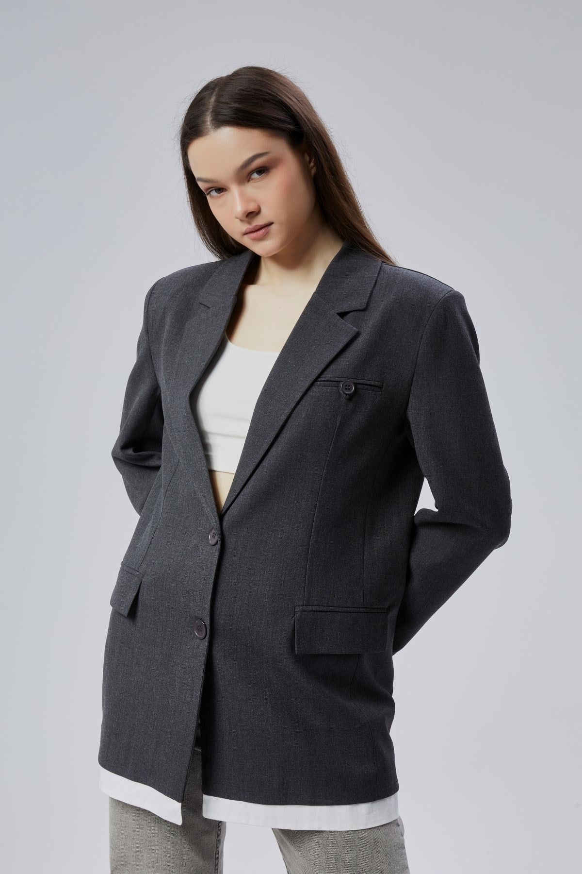 Antrasit Oversize Uzun Blazer Ceket