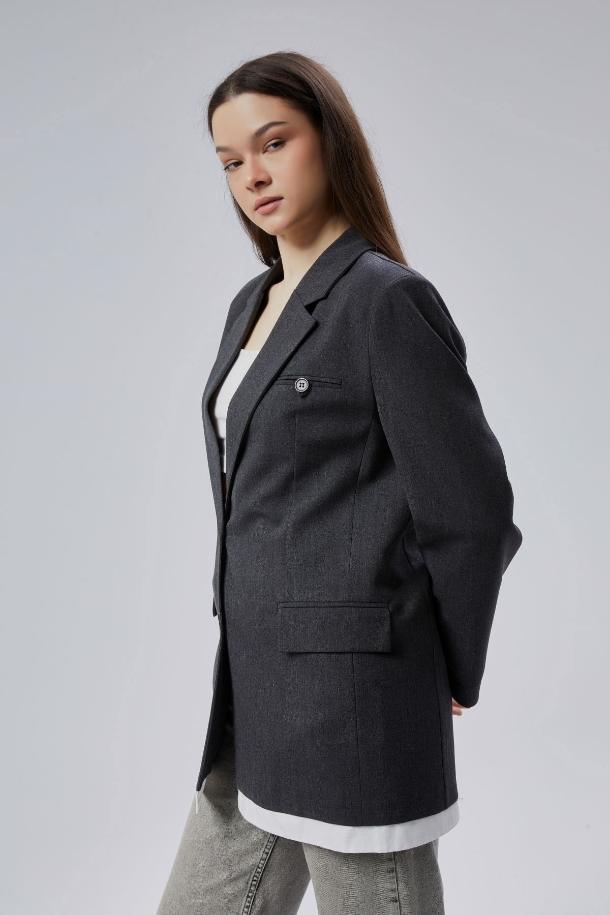 Antrasit Oversize Uzun Blazer Ceket