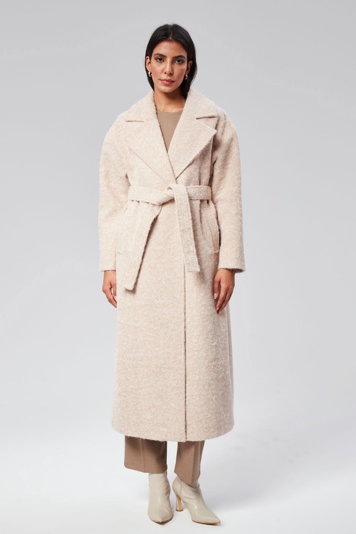 Bej Buklet Kaşe Oversize Kaban