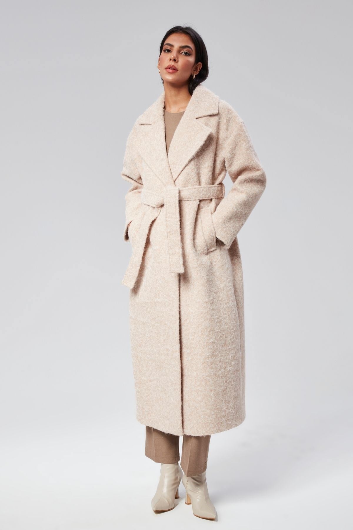 Bej Buklet Kaşe Oversize Kaban