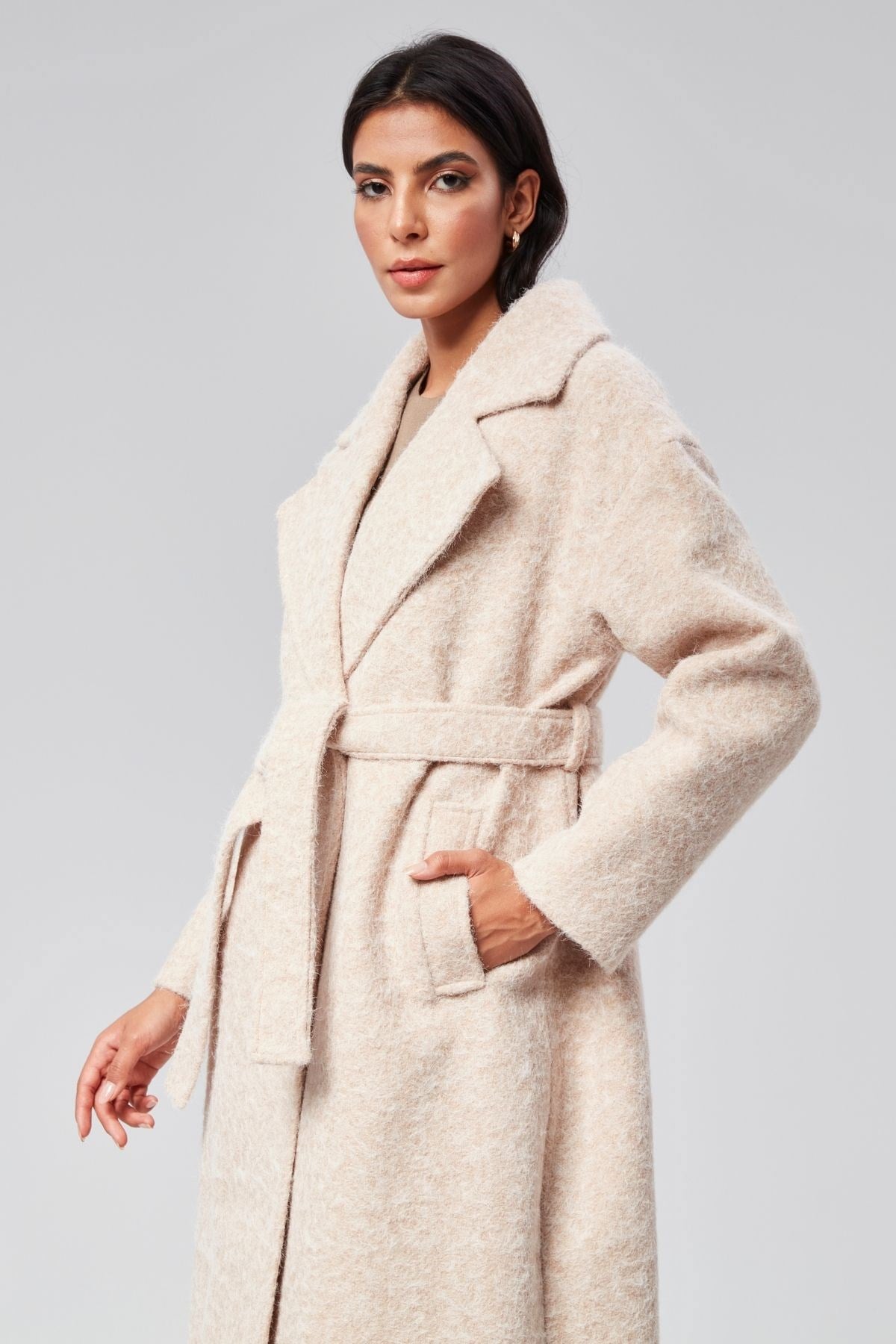 Bej Buklet Kaşe Oversize Kaban