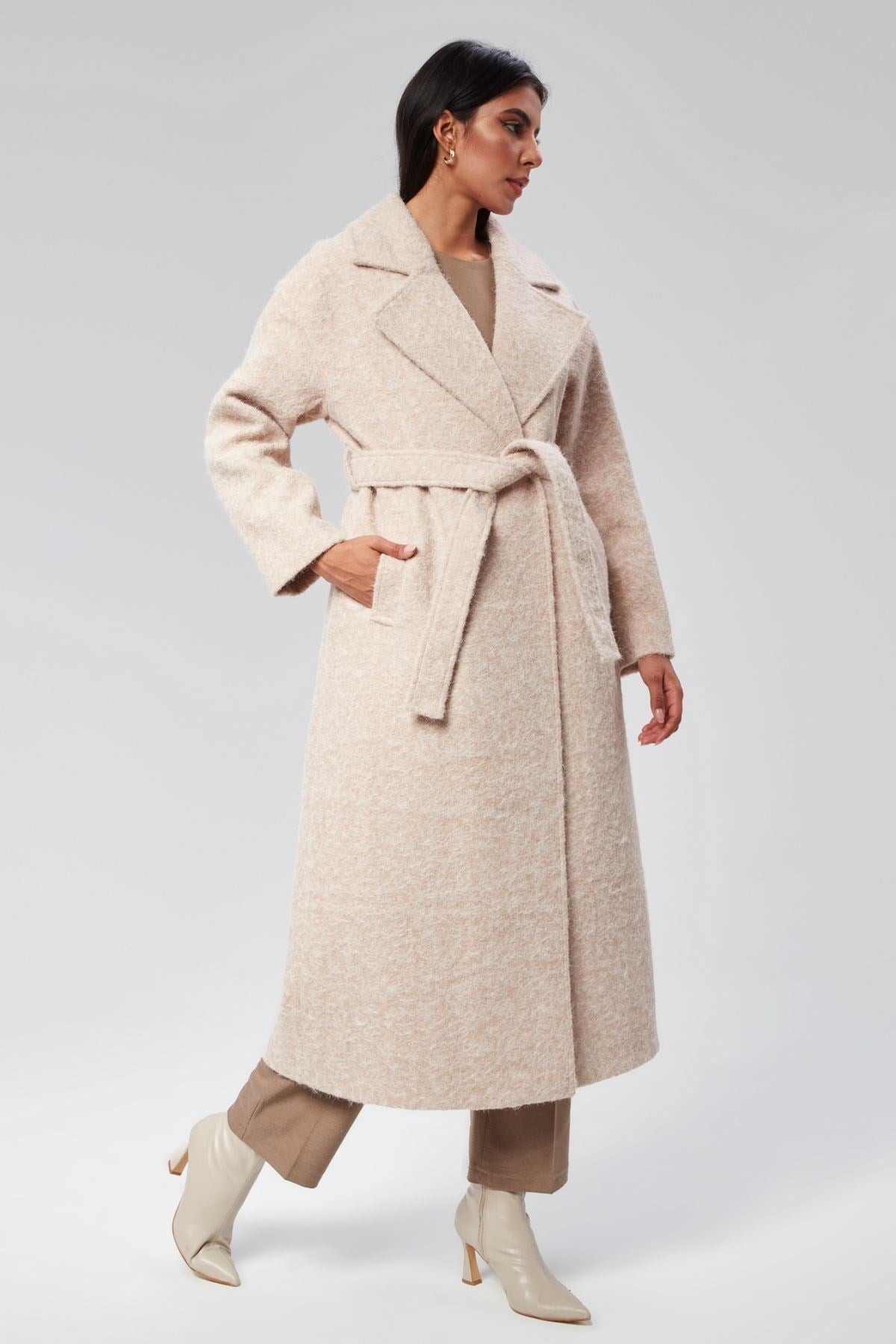 Bej Buklet Kaşe Oversize Kaban