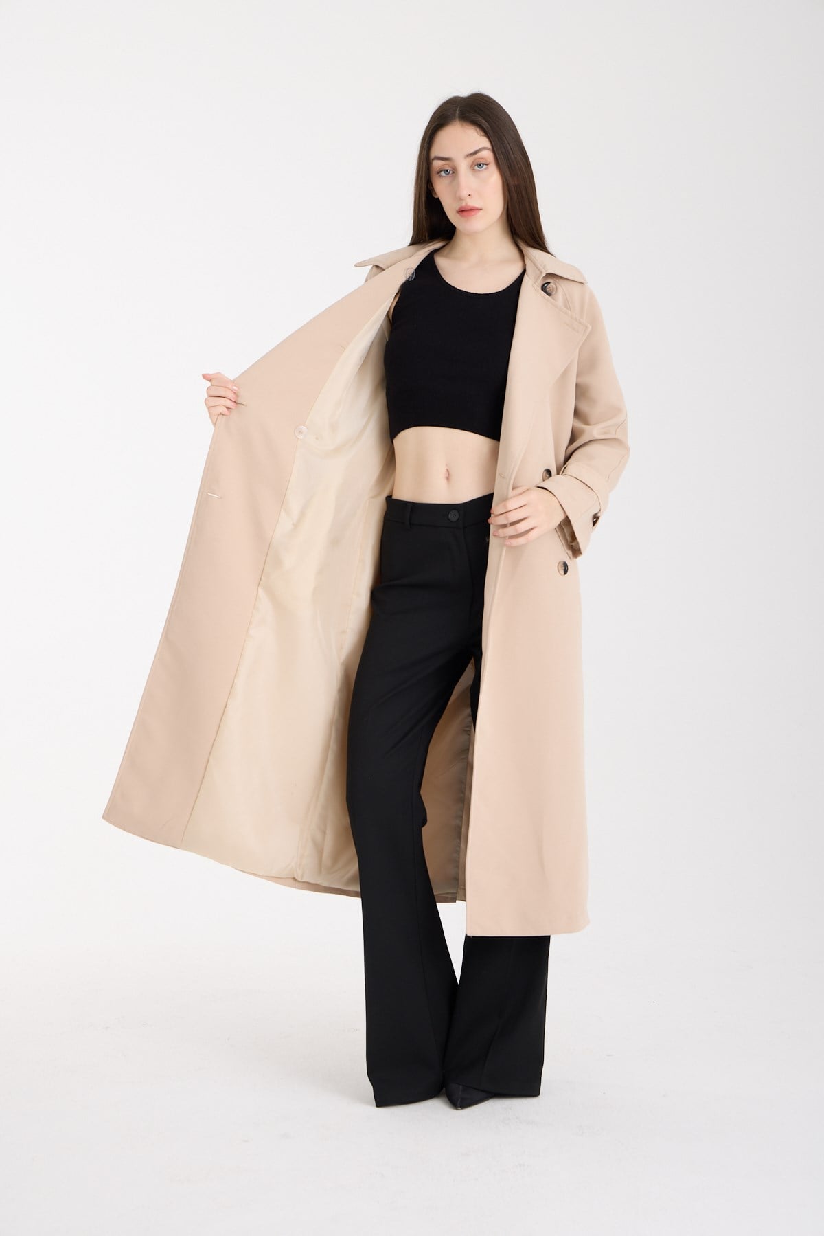 Bej Düğme Detaylı Oversize Kuşaklı Trençkot