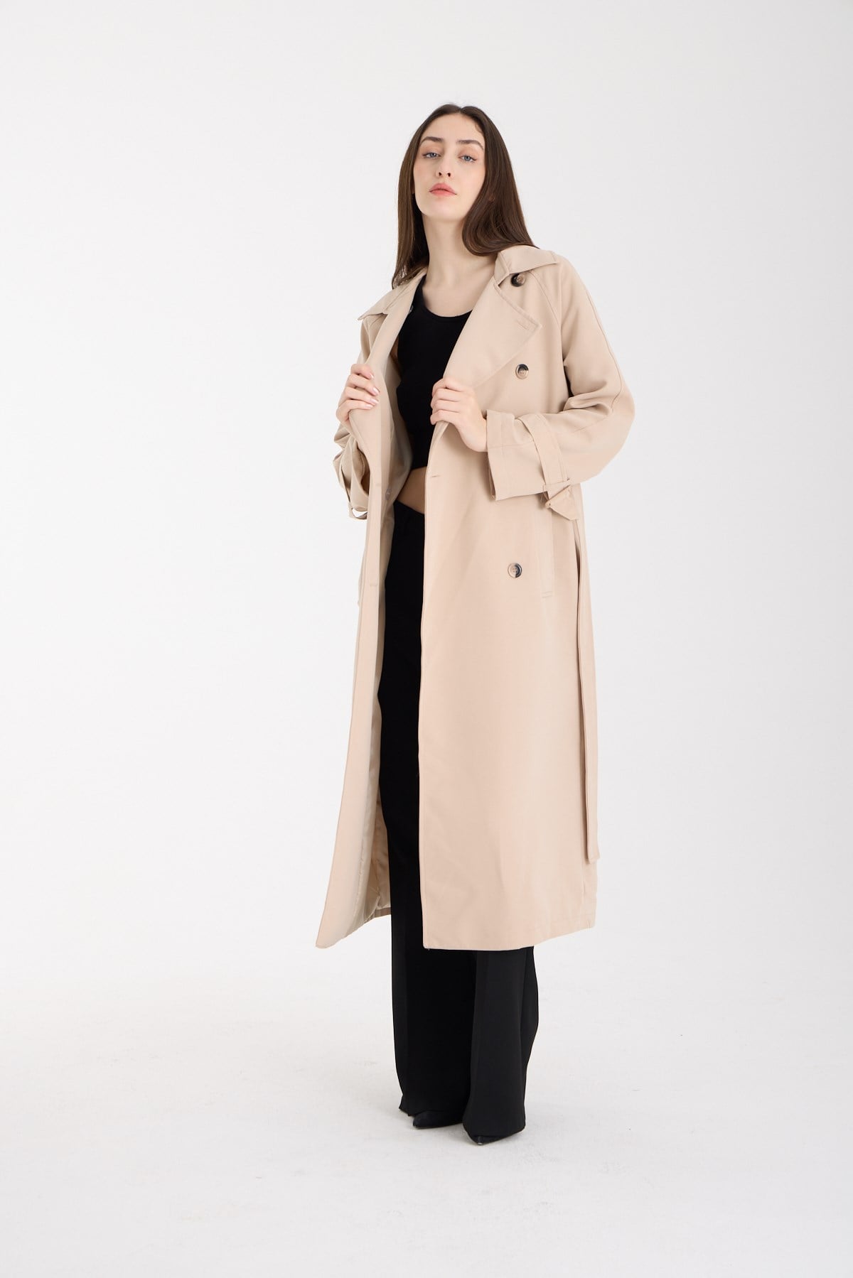 Bej Düğme Detaylı Oversize Kuşaklı Trençkot
