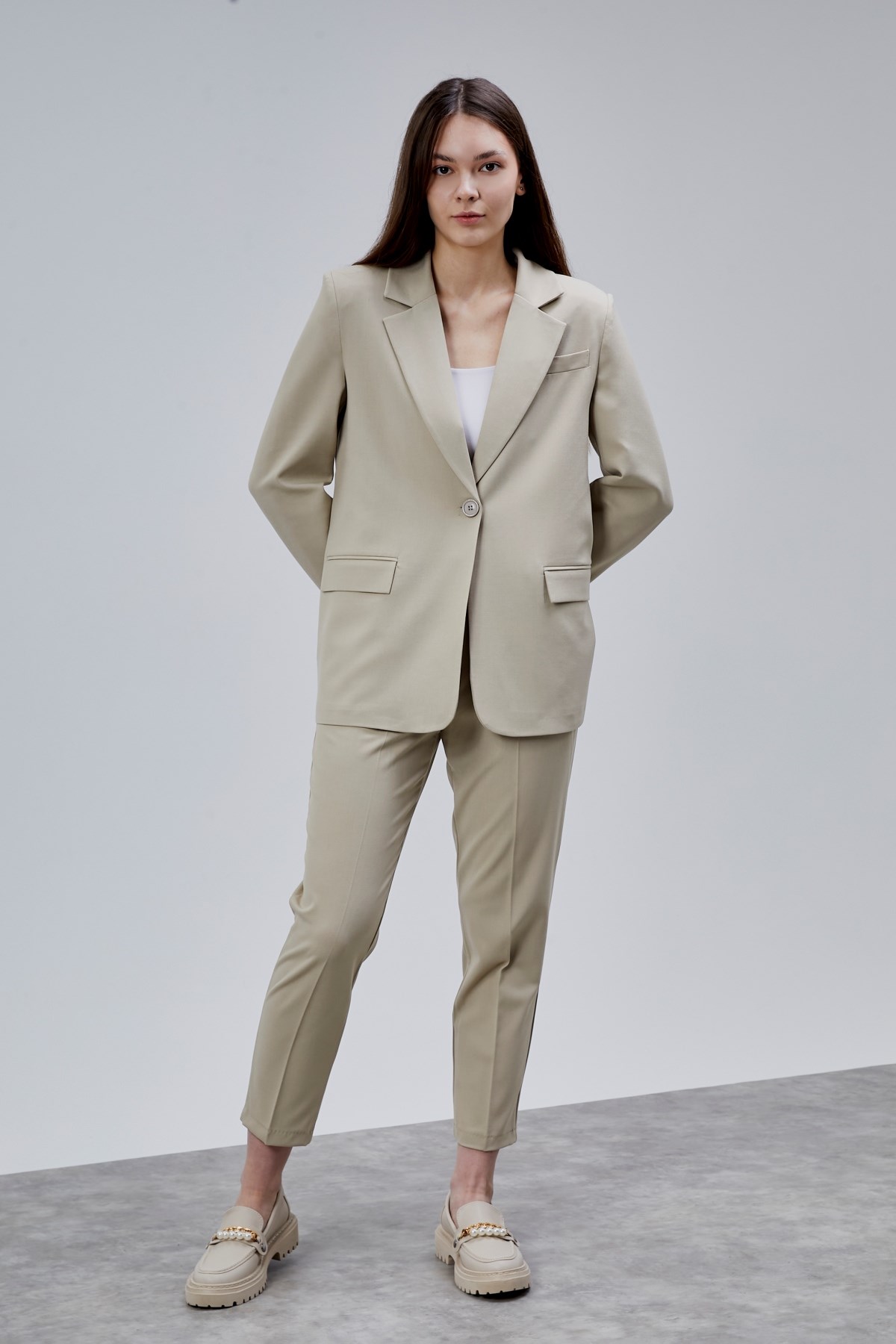 Bej Kruvaze Regular Blazer Takım