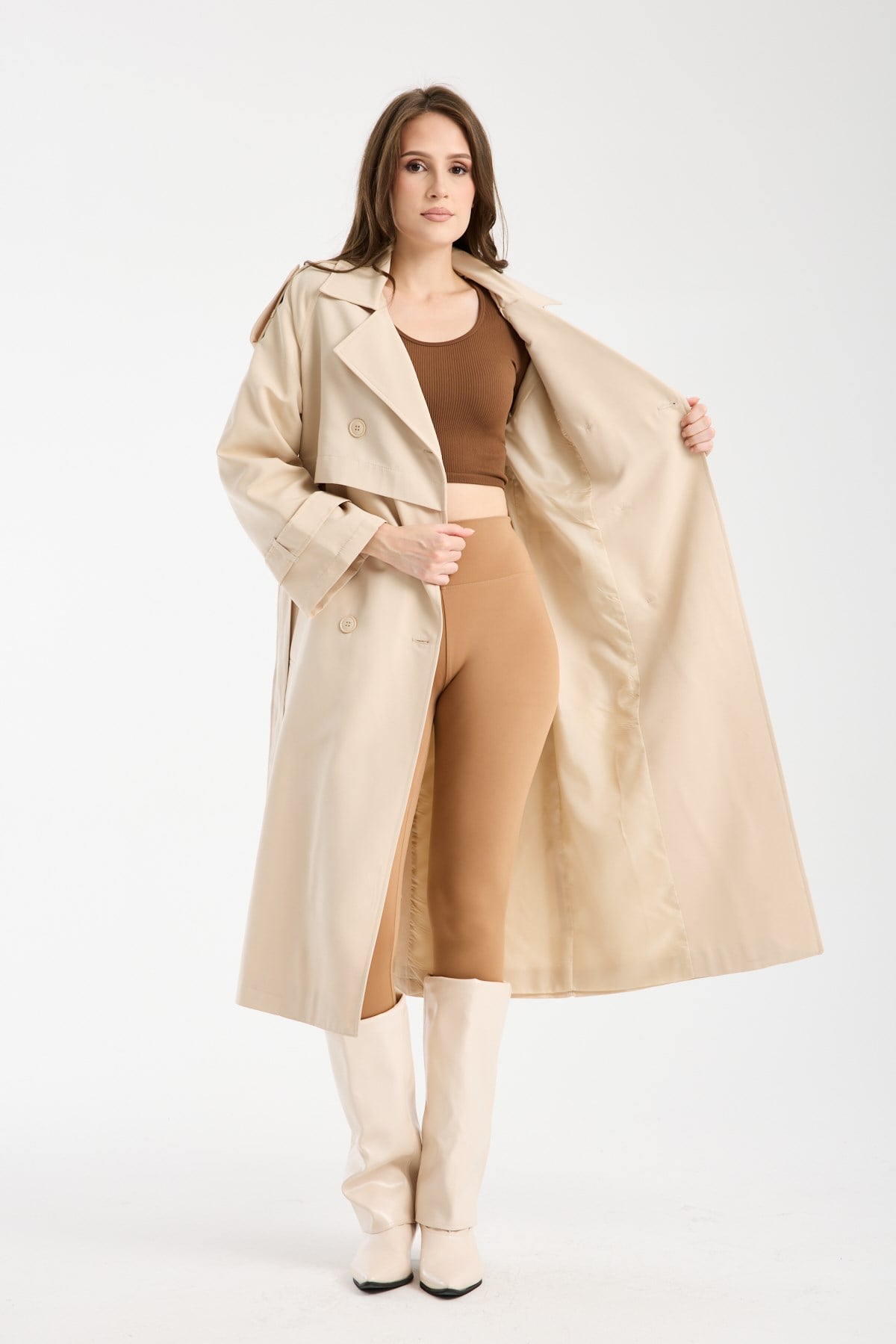 Bej Oversize Kruvaze Kapama Rüzgarlık Detaylı Trençkot 44956