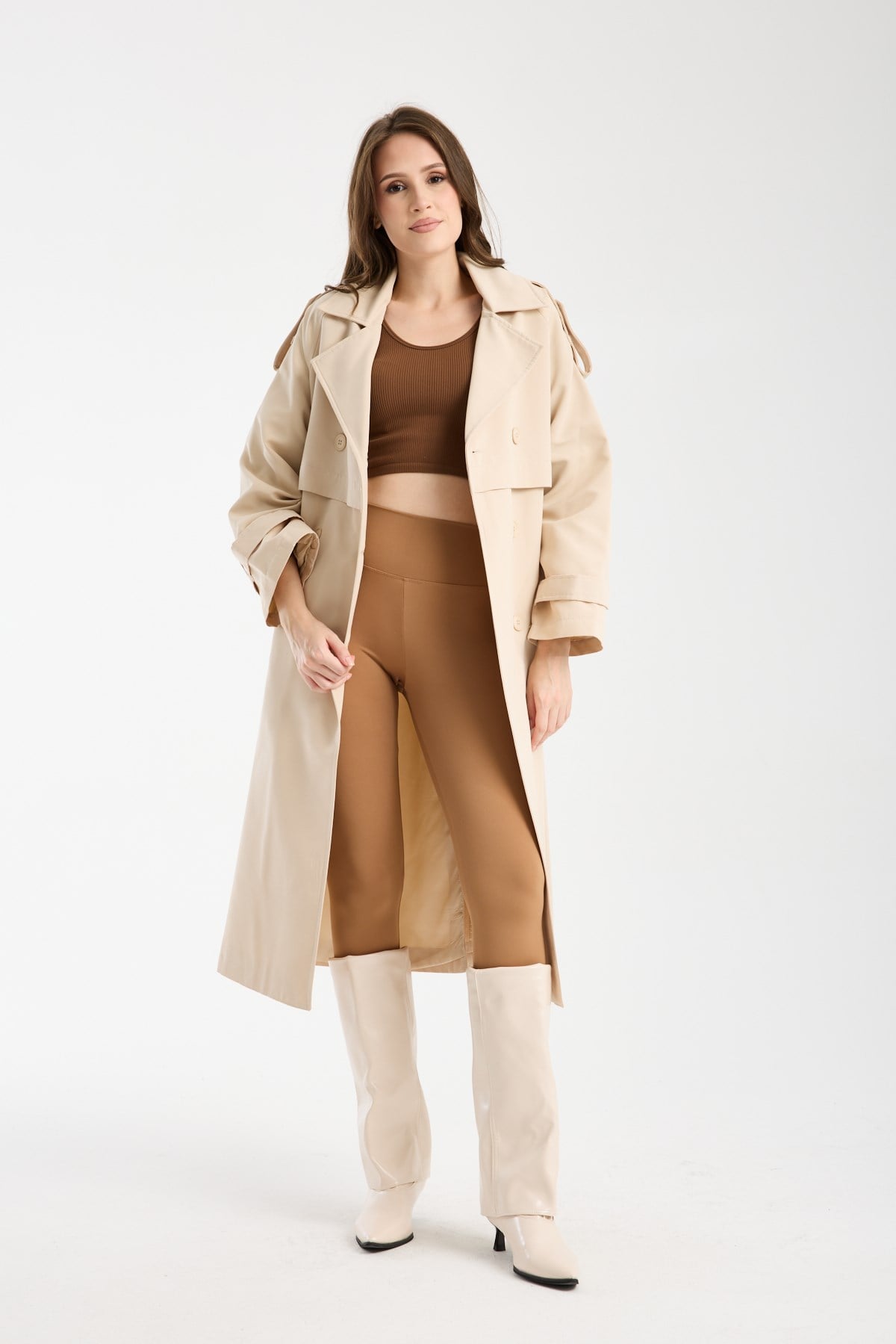 Bej Oversize Kruvaze Kapama Rüzgarlık Detaylı Trençkot 44956