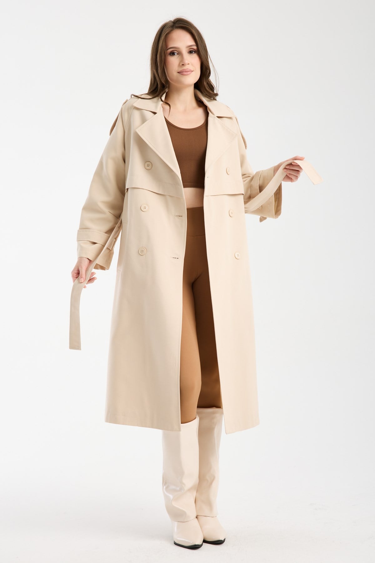 Bej Oversize Kruvaze Kapama Rüzgarlık Detaylı Trençkot 44956