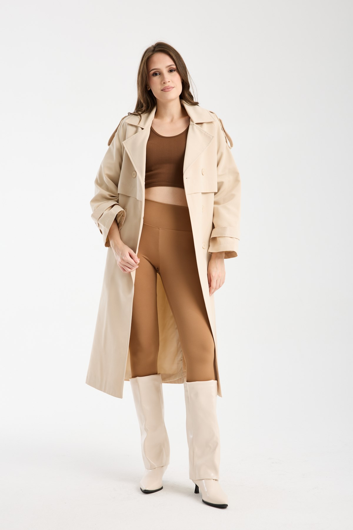 Bej Oversize Kruvaze Kapama Rüzgarlık Detaylı Trençkot 44956