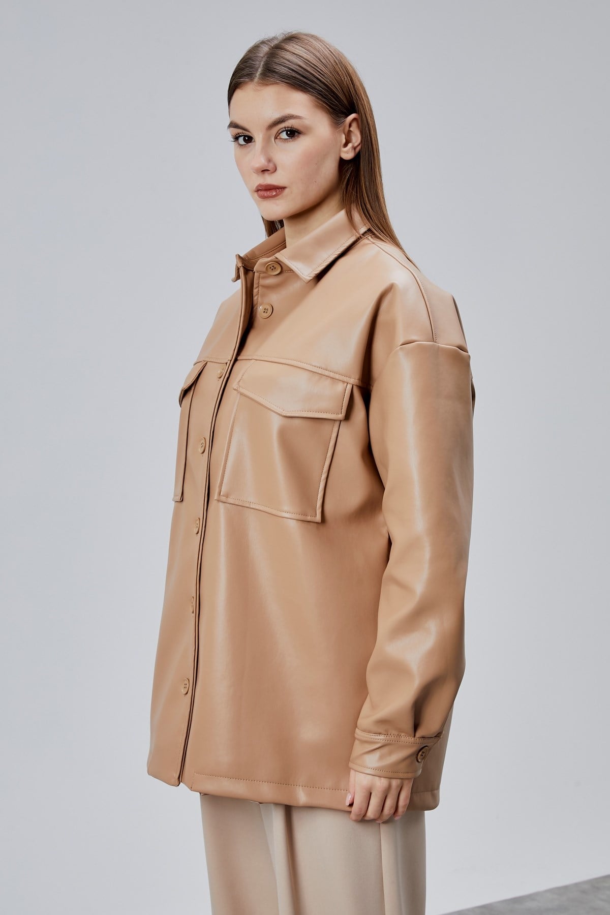 Bej Premium Oversize Astarlı Deri Ceket 