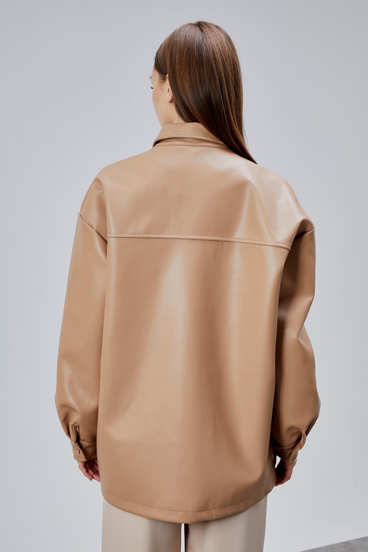 Bej Premium Oversize Astarlı Deri Ceket 
