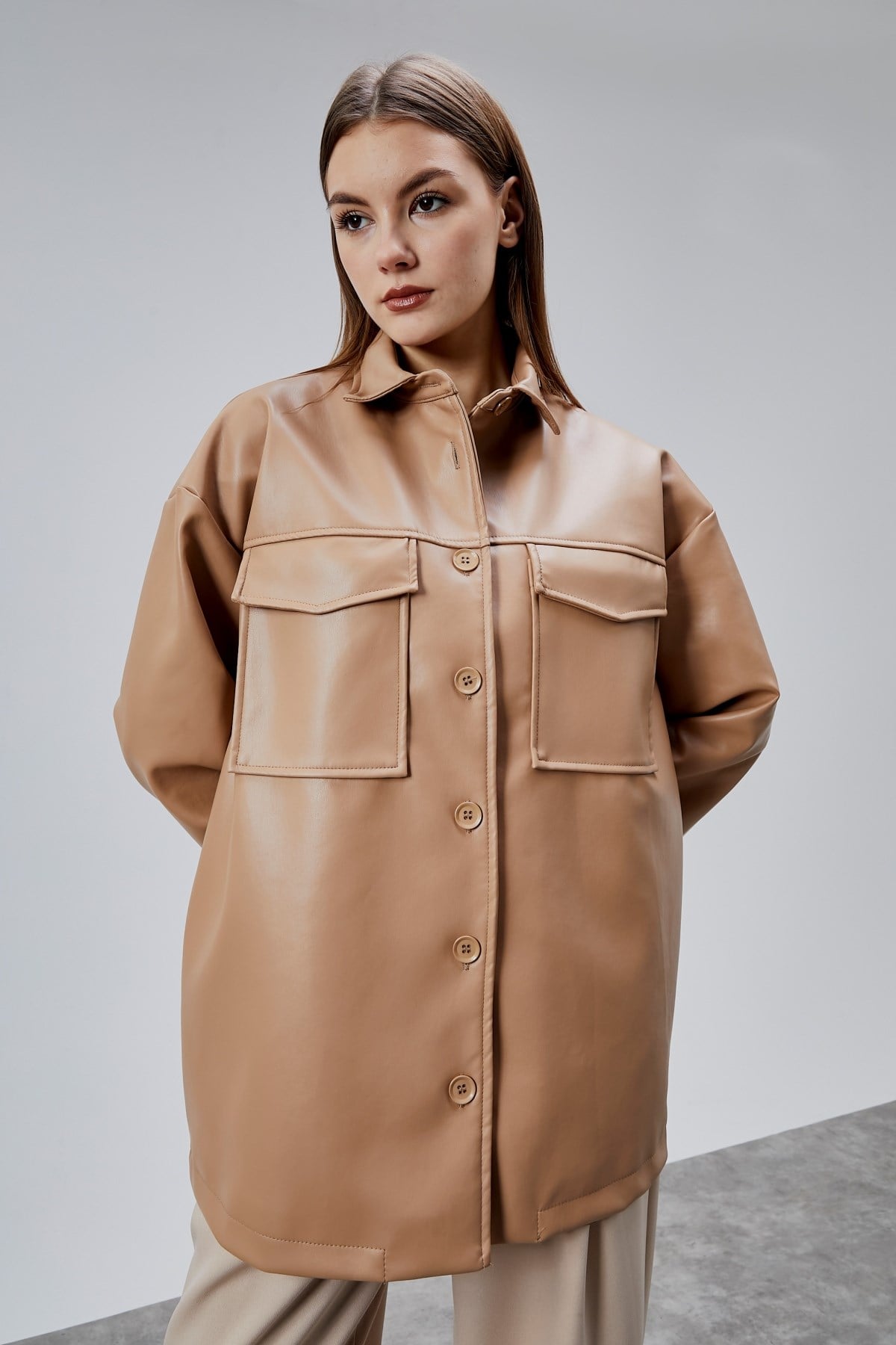 Bej Premium Oversize Astarlı Deri Ceket 