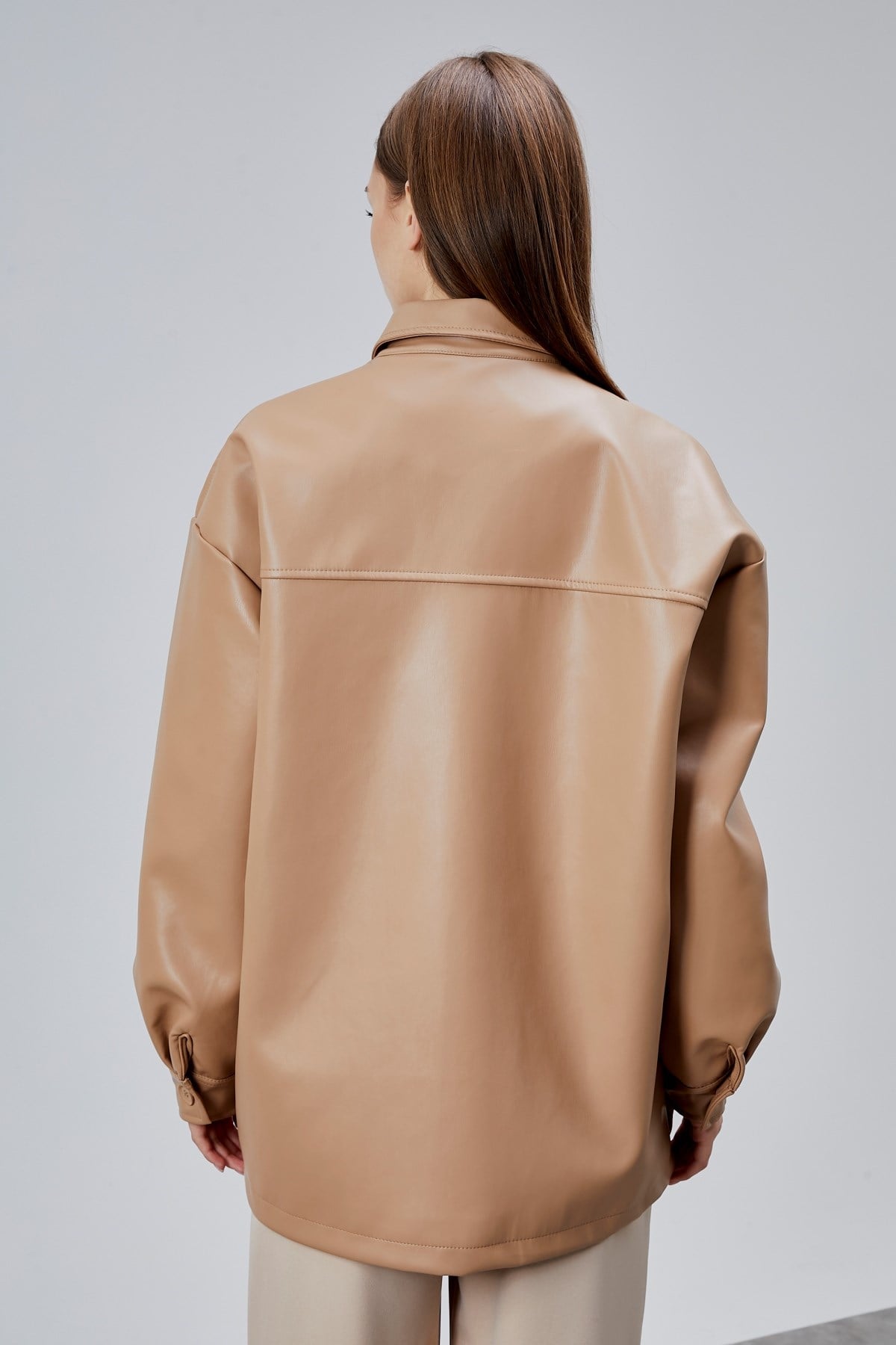 Bej Premium Oversize Astarlı Deri Ceket 