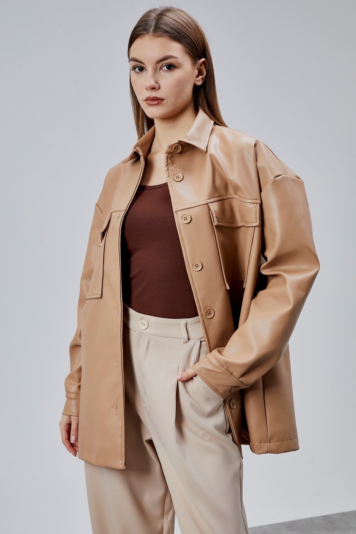 Bej Premium Oversize Astarlı Deri Ceket 
