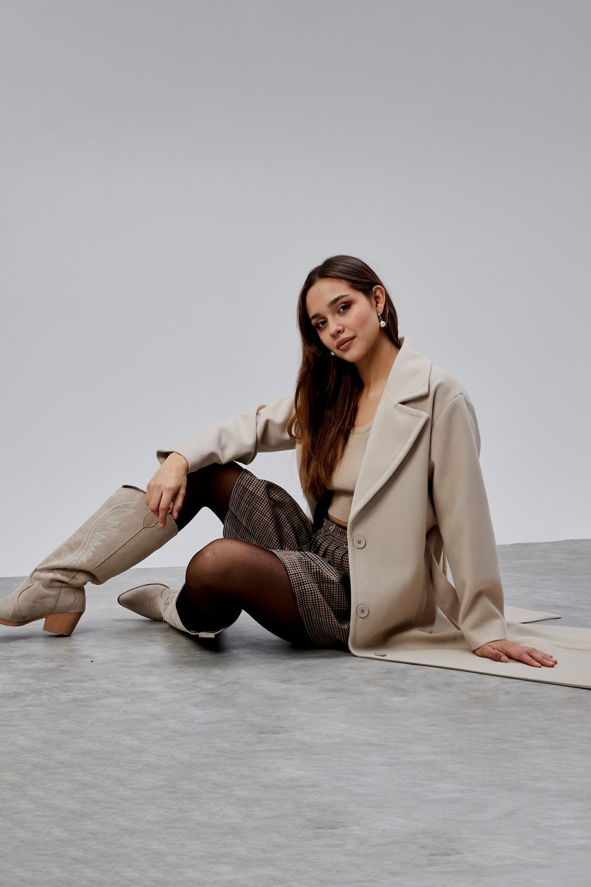 Bej Premium Oversize Kemerli Kaşe Kaban