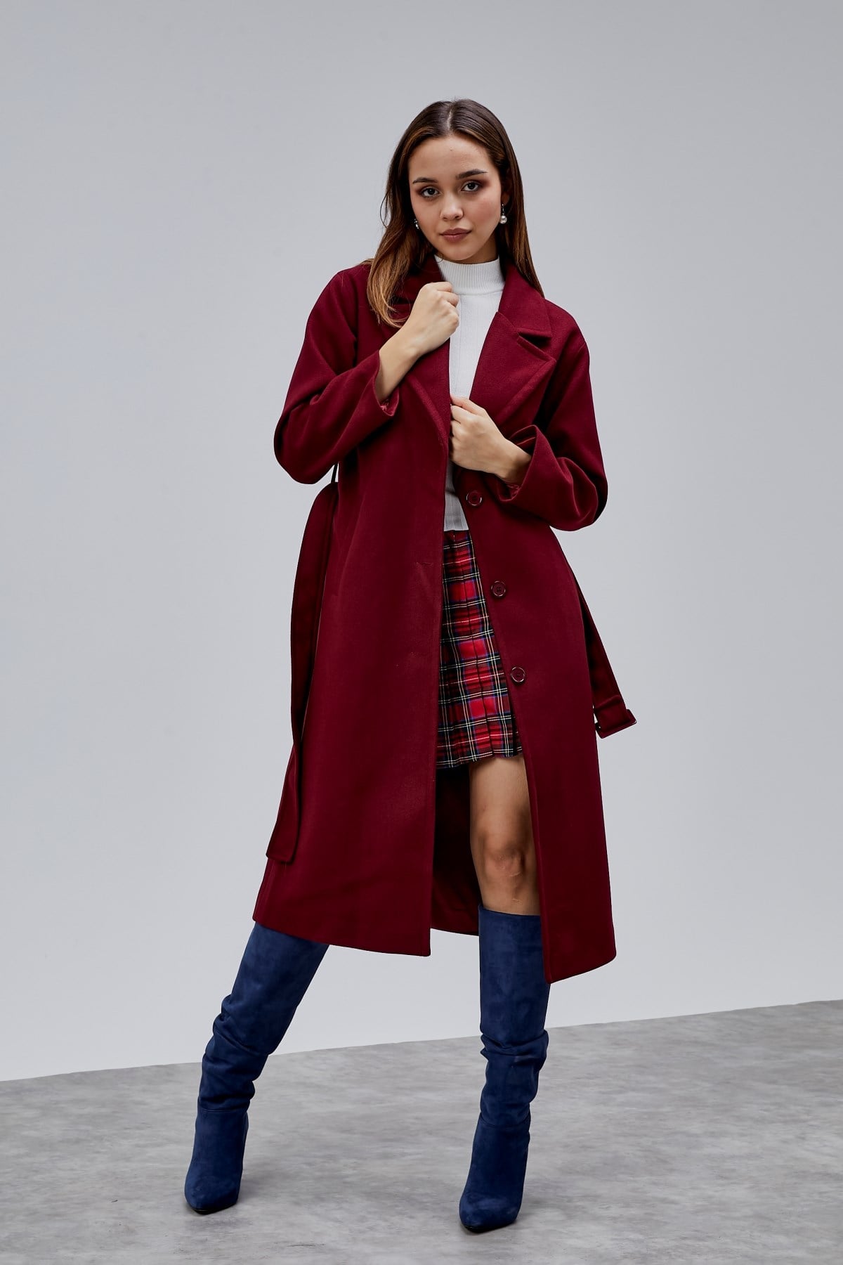 Bej Premium Oversize Kemerli Kaşe Kaban