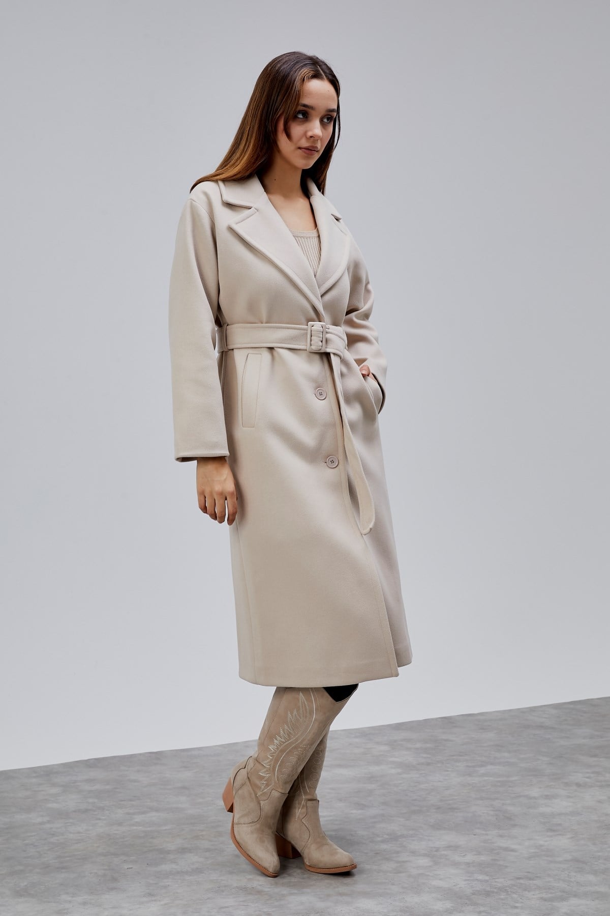 Bej Premium Oversize Kemerli Kaşe Kaban