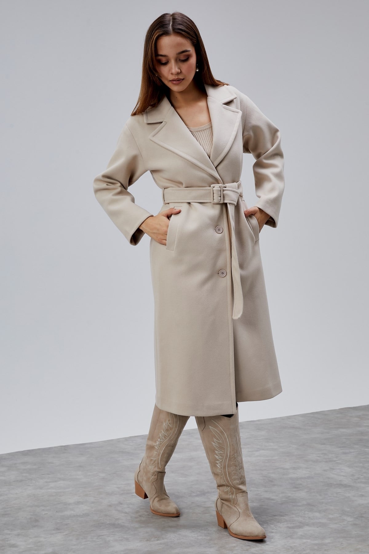 Bej Premium Oversize Kemerli Kaşe Kaban