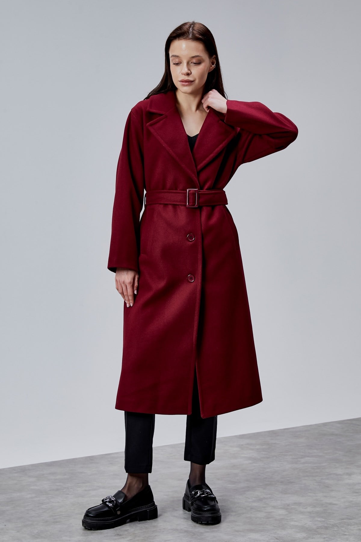 Bej Premium Oversize Kemerli Kaşe Kaban